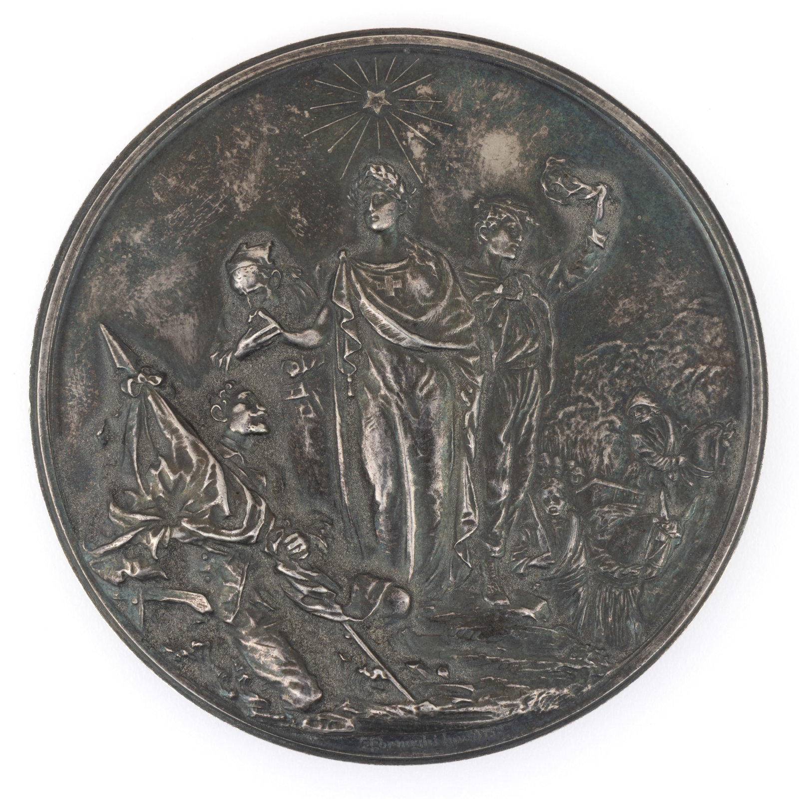 ITALIAN RED CROSS MERIT SILVER MEDAL: ITALIAN RED CROSS MERIT SILVER MEDAL, round form, depicting a female figure bearing the Red Cross medal on her chest, the reverse lettered "AI BENEMERITI DELLA CROCE ROSSA INTERNATIONAL"
