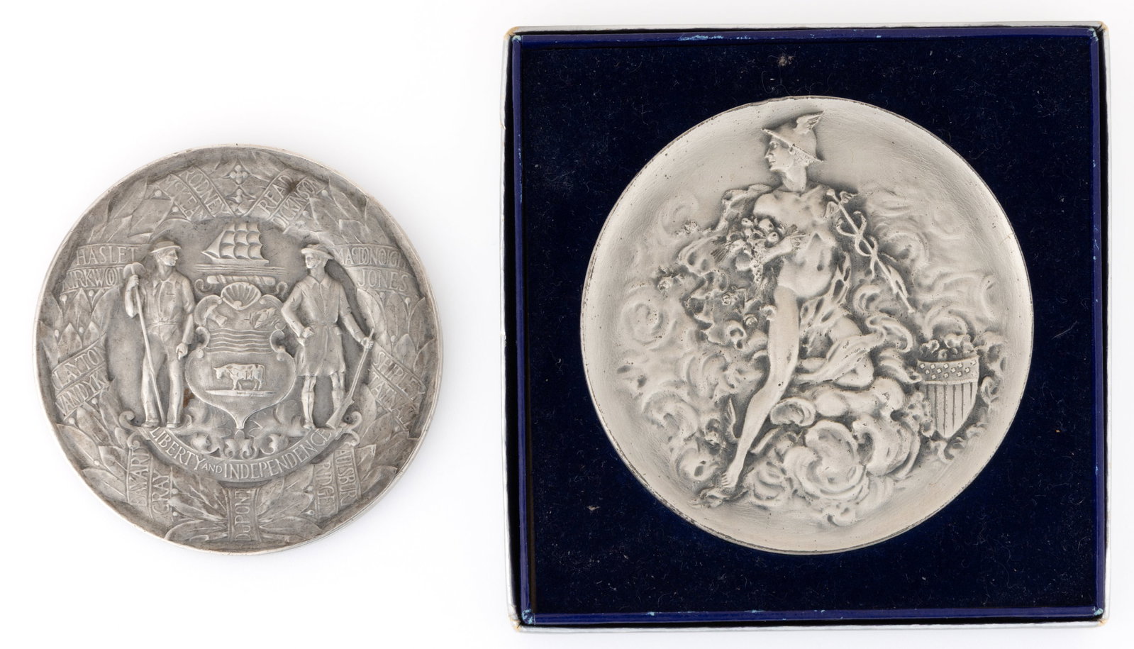 MEDALLIC ART CO. AND THE METAL ARTS CO. 0.999 FINE SILVER MEDALS, LOT OF TWO: MEDALLIC ART CO. AND THE METAL ARTS CO. 0.999 FINE SILVER MEDALS, LOT OF TWO, comprising a 1938 example commemorating the Tercentenary of Delaware by the Medallic Art Co. marked "FINE SILVER