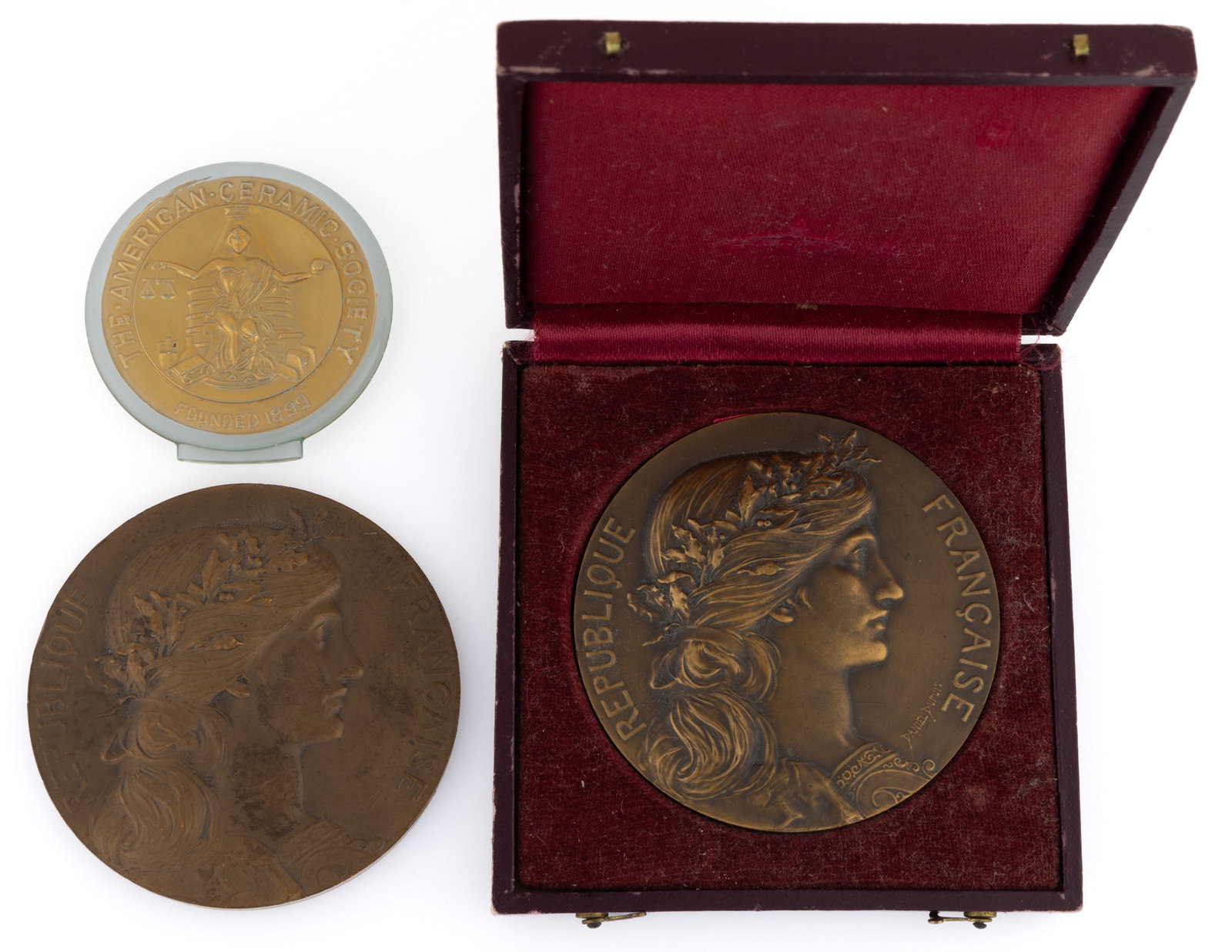 FRENCH AND AMERICAN BRONZE AND LUCITE CERAMICS MEDALS, LOT OF THREE (1 of 3)