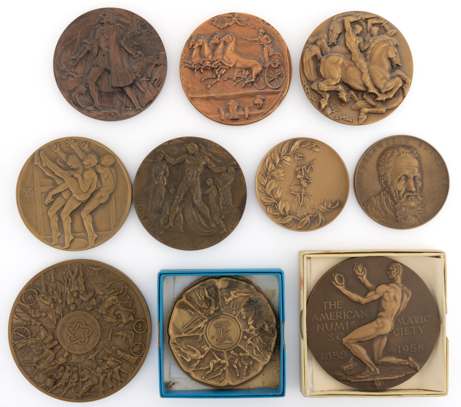 MEDALLIC ART CO. AND OTHER COMMEMORATIVE MEDALS, LOT OF TEN: MEDALLIC ART CO. AND OTHER COMMEMORATIVE MEDALS, LOT OF TEN, including a large 1958 centennial example in the original box with paperwork for The American Numismatic Society; a 1962 centennial ex