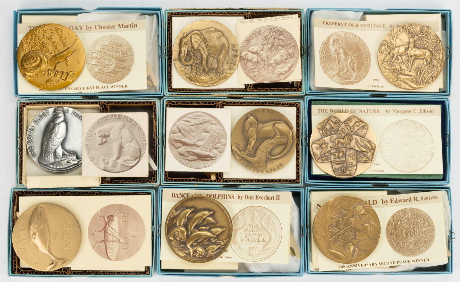 SOCIETY OF MEDALISTS BRONZE ANIMALIER MEDALS, LOT OF NINE: SOCIETY OF MEDALISTS BRONZE ANIMALIER MEDALS, LOT OF NINE, including a 1940 21st issue silver-plated Aesop's Fables example by Edmond Amateis (1897-1981); a 1943 27th issue African Water