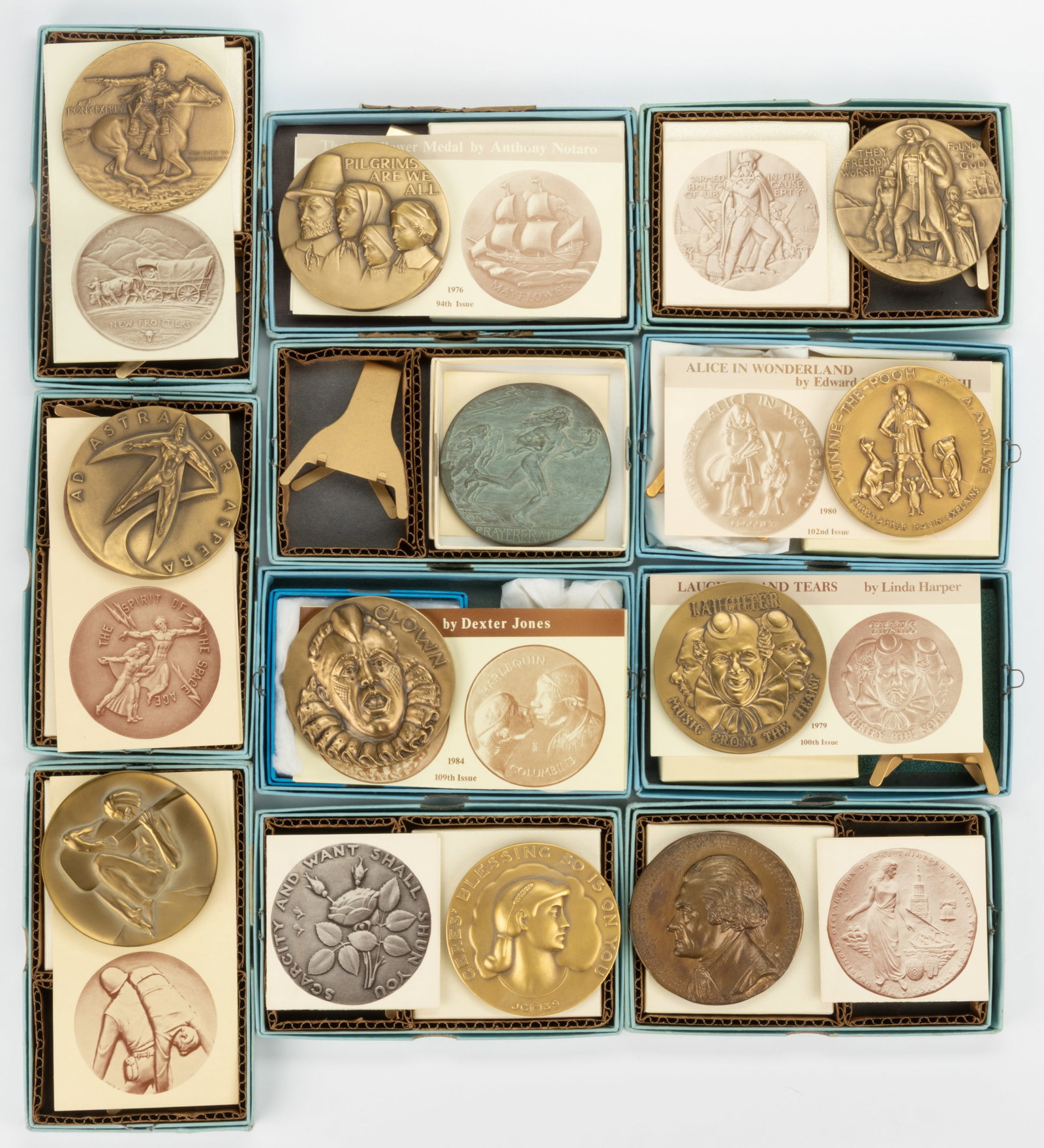SOCIETY OF MEDALISTS BRONZE AMERICAN HISTORICAL / CULTURAL MEDALS, LOT OF 11: SOCIETY OF MEDALISTS BRONZE AMERICAN HISTORICAL / CULTURAL MEDALS, LOT OF 11, including a 3rd issue Prayer for Rain example by Hermon A. MacNeil (1866-1947) in an "antique" finish; a 1952 45