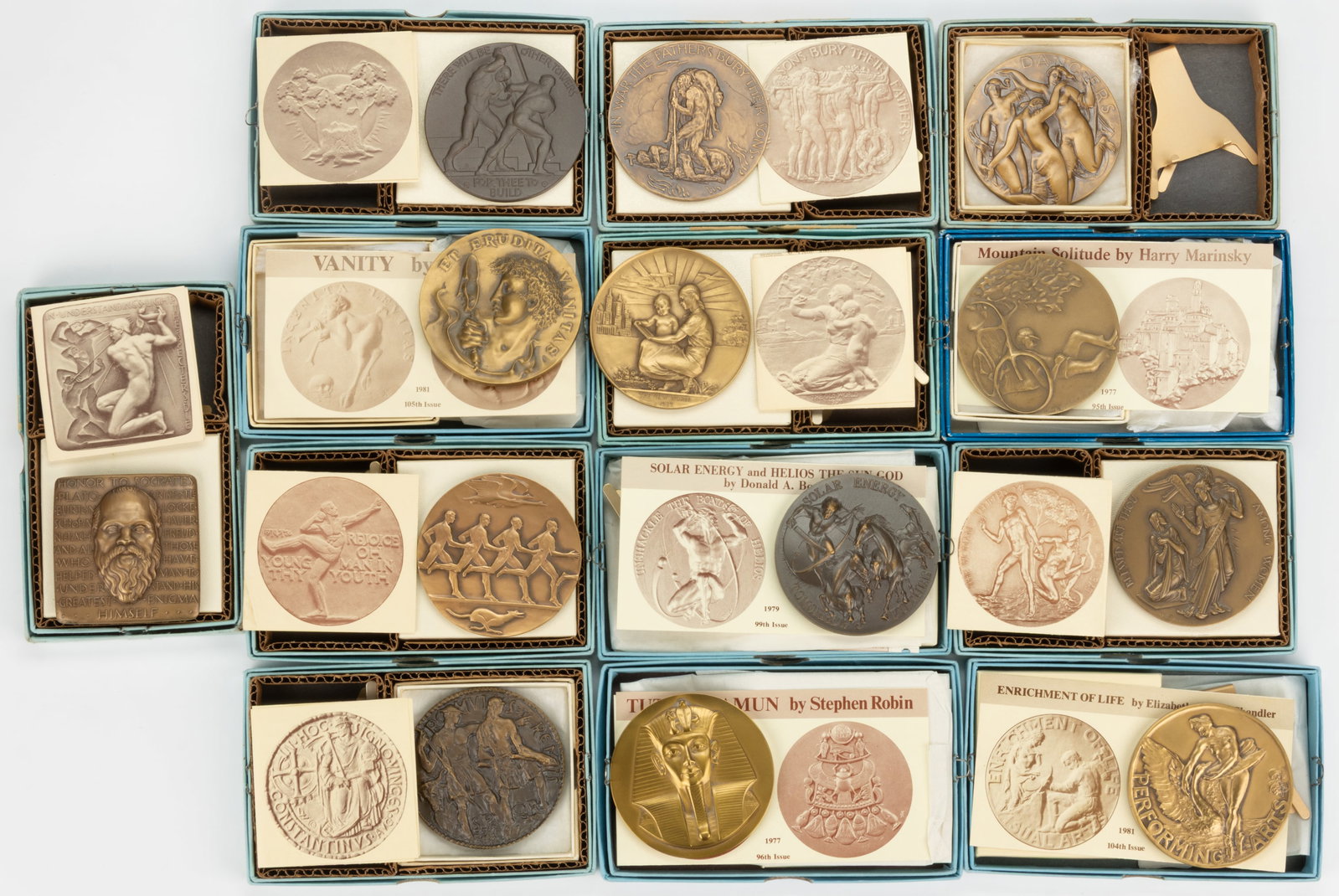 SOCIETY OF MEDALISTS BRONZE HISTORICAL / ANTIQUITY-RELATED MEDALS, LOT OF 13: SOCIETY OF MEDALISTS BRONZE HISTORICAL / ANTIQUITY-RELATED MEDALS, LOT OF 13, including a 1956 53rd issue Fall and Redemption example by John Angel (1881-1960); a 1939 19th issue Old World -