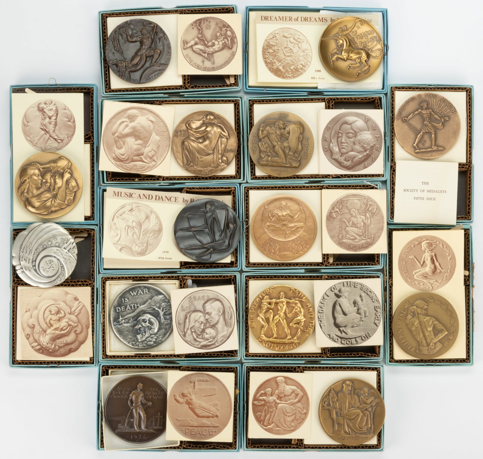 SOCIETY OF MEDALISTS BRONZE ALLEGORICAL AND RELATED MEDALS, LOT OF 14 (1 of 1)