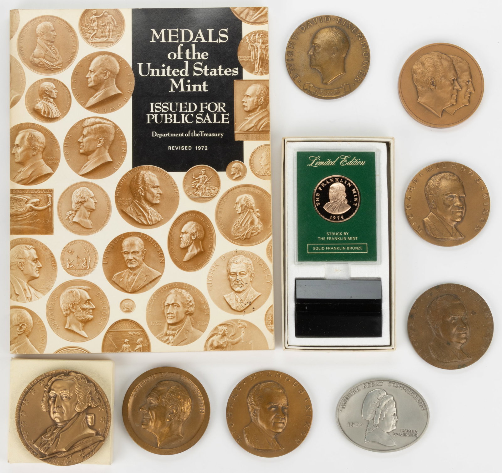 MEDALLIC ART CO. AND OTHER COMMEMORATIVE PRESIDENTIAL / HISTORICAL MEDALS, LOT OF NINE: MEDALLIC ART CO. AND OTHER COMMEMORATIVE PRESIDENTIAL / HISTORICAL MEDALS, LOT OF NINE, bronze and pewter, including depictions of Richard Nixon, Lyndon Johnson, John Adams, a 1977 Martha Washing