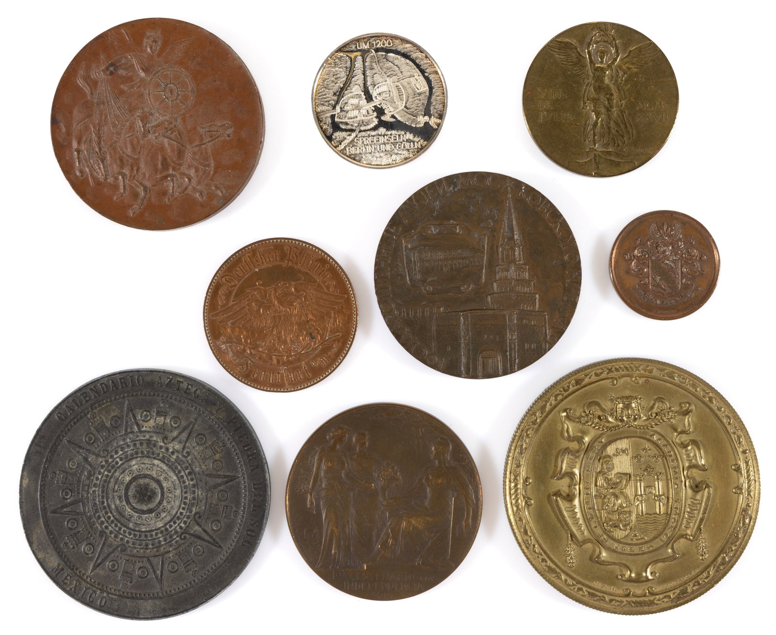 ASSORTED WORLD BRONZE AND SILVER MEDALS, LOT OF NINE: ASSORTED WORLD BRONZE AND SILVER MEDALS, LOT OF NINE, including examples from Mexico, Russia, Japan, and Germany, featuring a Brazilian Centennial example, a 750th anniversary of Berlin example i