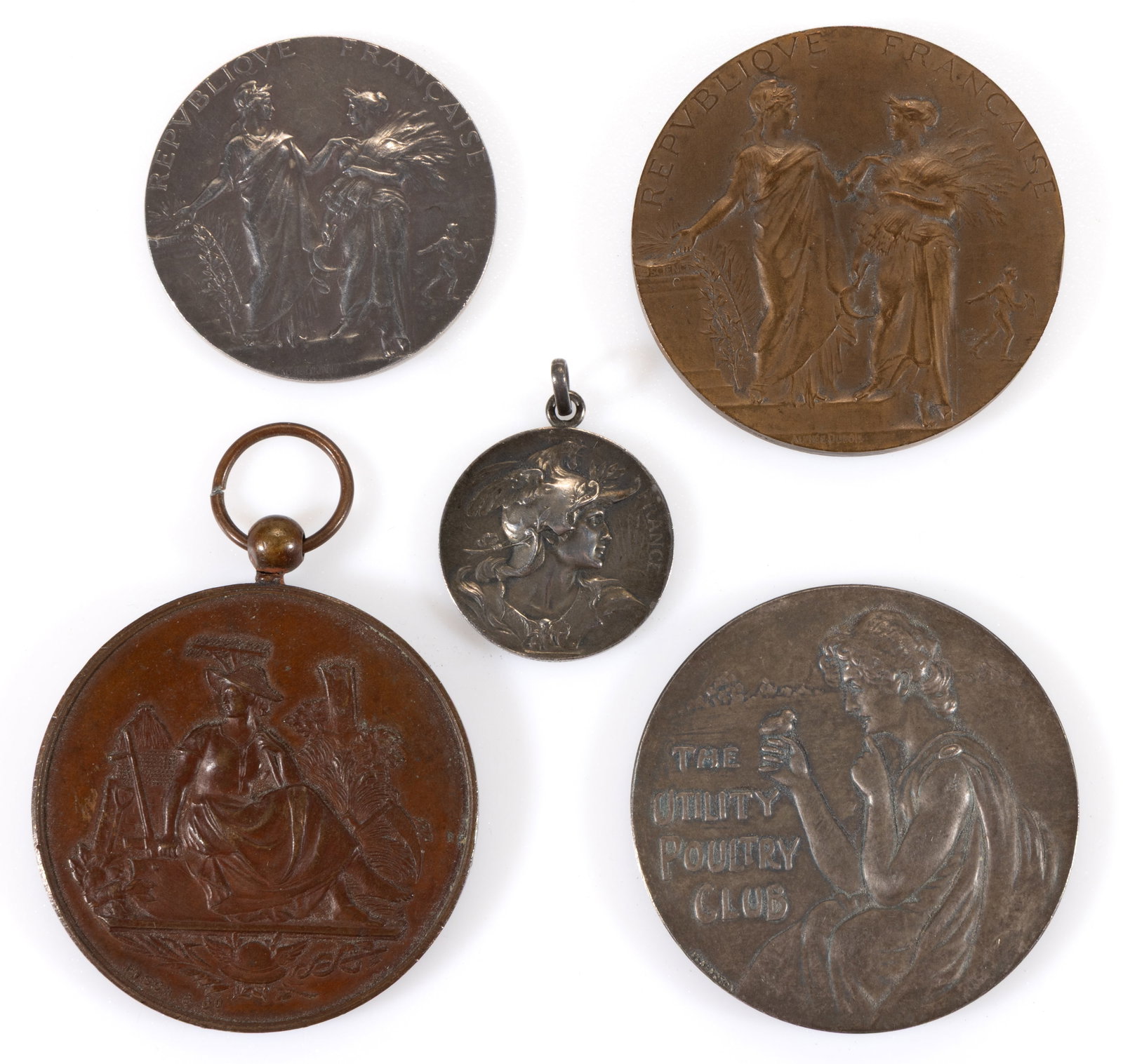 ASSORTED FRENCH AND ENGLISH AGRICULTURAL / POULTRY SILVER AND BRONZE MEDALS, LOT OF FIVE: ASSORTED FRENCH AND ENGLISH AGRICULTURAL / POULTRY SILVER AND BRONZE MEDALS, LOT OF FIVE, comprising a silver-plated bronze example with the obverse depicting a woman holding a chick lettered "TH
