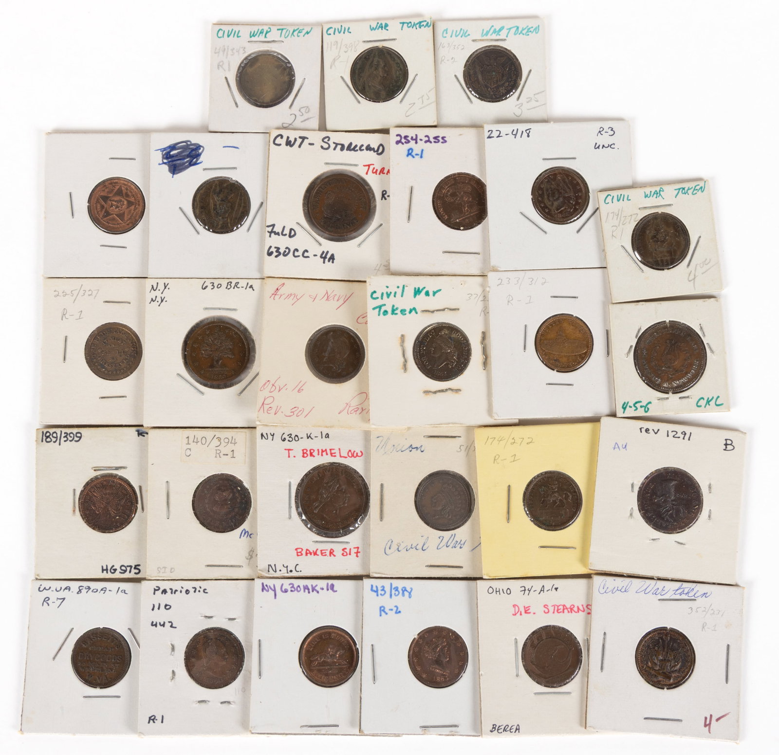 ASSORTED CIVIL WAR TOKENS, LOT OF 27: ASSORTED CIVIL WAR TOKENS, LOT OF 27, including 1863 Bassett's Cheap Dry Goods, Wheeling, WV; George Hyenlein, New York: 1863 Peace Forever; 1863 Live and Let Live/Washington Market Exchange Turke