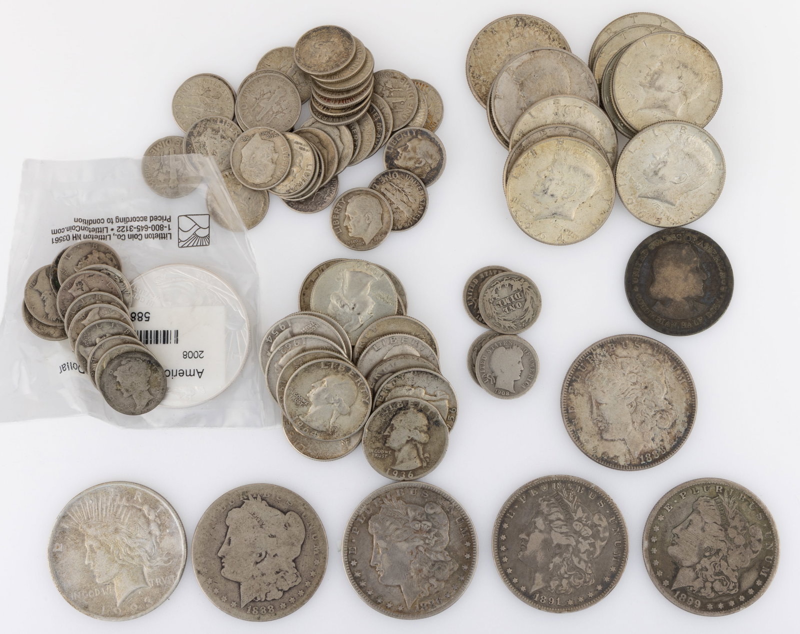 ASSORTED UNITED STATES SILVER COINS, LOT OF 86: ASSORTED UNITED STATES SILVER COINS, LOT OF 86, 90% silver comprising five Morgan dollars, one Peace dollar, one 2008 Eagle dollar, one Columbian half-dollar, six Kennedy half-dollars, 15 Wa