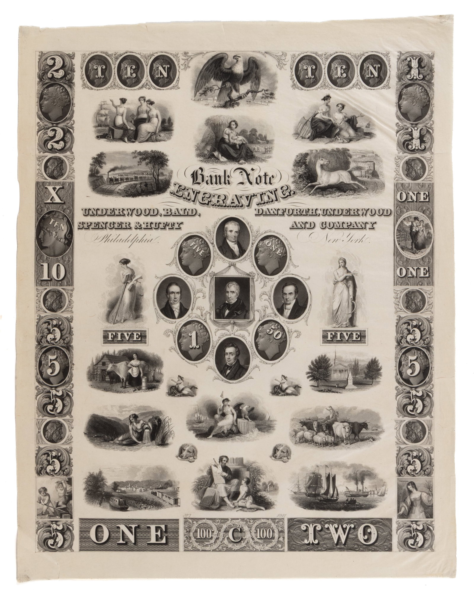AMERICAN BANK NOTE ENGRAVING PROOF SAMPLE / SPECIMEN SHEET: AMERICAN BANK NOTE ENGRAVING PROOF SAMPLE / SPECIMEN SHEET, India paper, Underwood, Bald, Spencer and Hufty of Philadelphia, and Danforth, Underwood & Co. of New York, featuring Presidential 