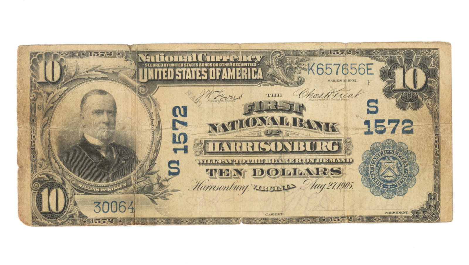 HARRISONBURG, VIRGINIA OBSOLETE NATIONAL CURRENCY $10 NOTE (1 of 2)