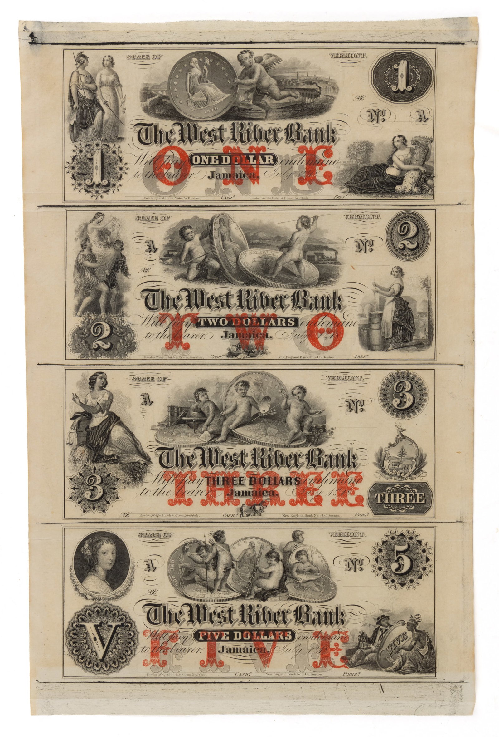 VERMONT OBSOLETE CURRENCY UNCUT REMAINDER SHEET: VERMONT OBSOLETE CURRENCY UNCUT REMAINDER SHEET, comprising $1, $2, $3, and $5 notes, issued by the West River Bank, Jamaica. Circa 1865. 13" x 8 1/4" sheet. Provenance: The estate col