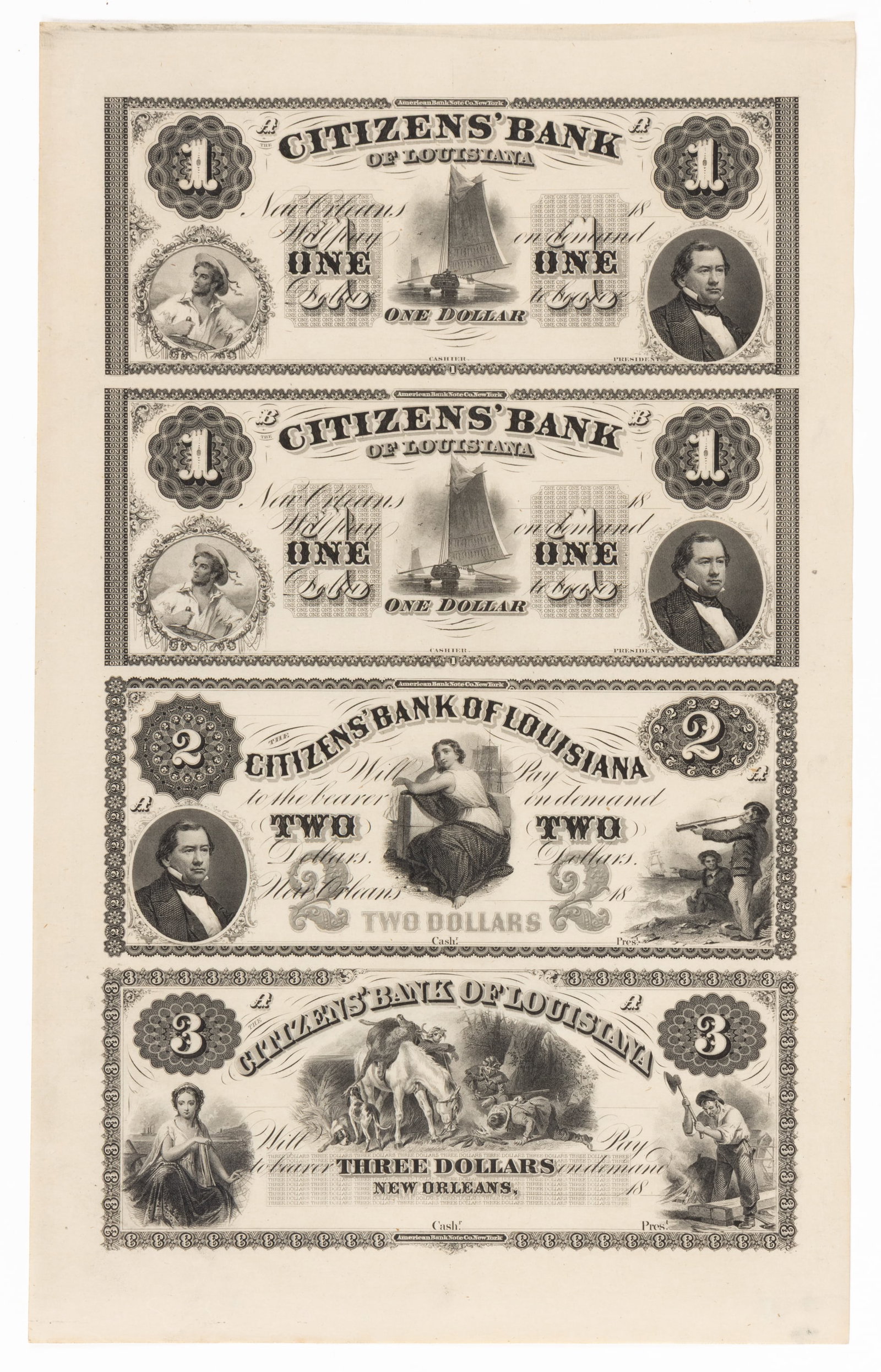 LOUISIANA OBSOLETE CURRENCY UNCUT REMAINDER SHEET: LOUISIANA OBSOLETE CURRENCY UNCUT REMAINDER SHEET, comprising two $1, a $2, and a $3 note, issued by the Citizens' Bank of Louisiana, printed by the American Bank Note Co. Circa 1865. 13 1/2"