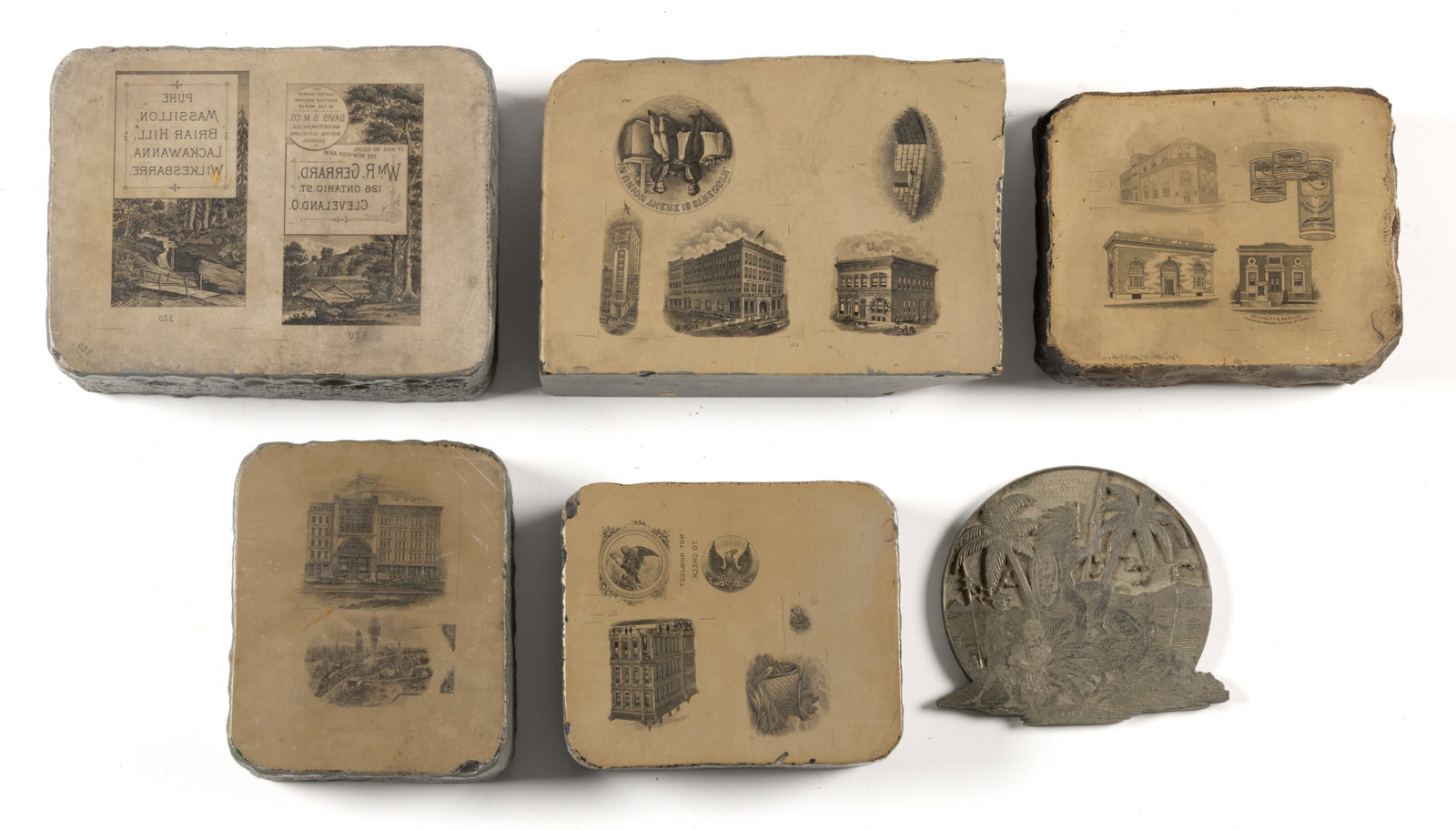 ANTIQUE LITHOGRAPHER'S PRINTING STONES AND ENGRAVING PLATE, LOT OF SIX: ANTIQUE LITHOGRAPHER'S PRINTING STONES AND ENGRAVING PLATE, LOT OF SIX, the stones include vignettes of the Columbus Merchandise Co., Ohio, banks and other structures, a steam locomotive traveling