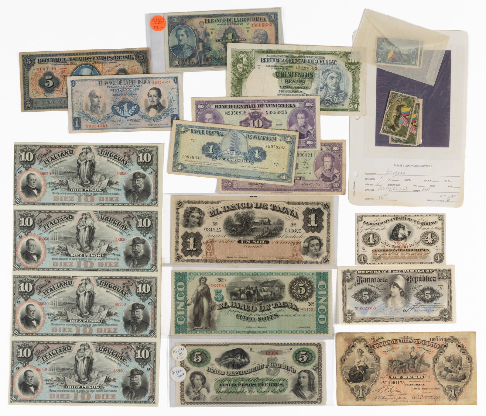 CENTRAL AND SOUTH AMERICAN CURRENCY AND STAMPS, UNCOUNTED LOT: CENTRAL AND SOUTH AMERICAN CURRENCY AND STAMPS, UNCOUNTED LOT, remainder/unissued notes comprising 1869 Argentina 4 Reale and 5 peso, ca. 1872 Peru El Banco de Tacna 1 and 5 sole, and 1887 Urugua