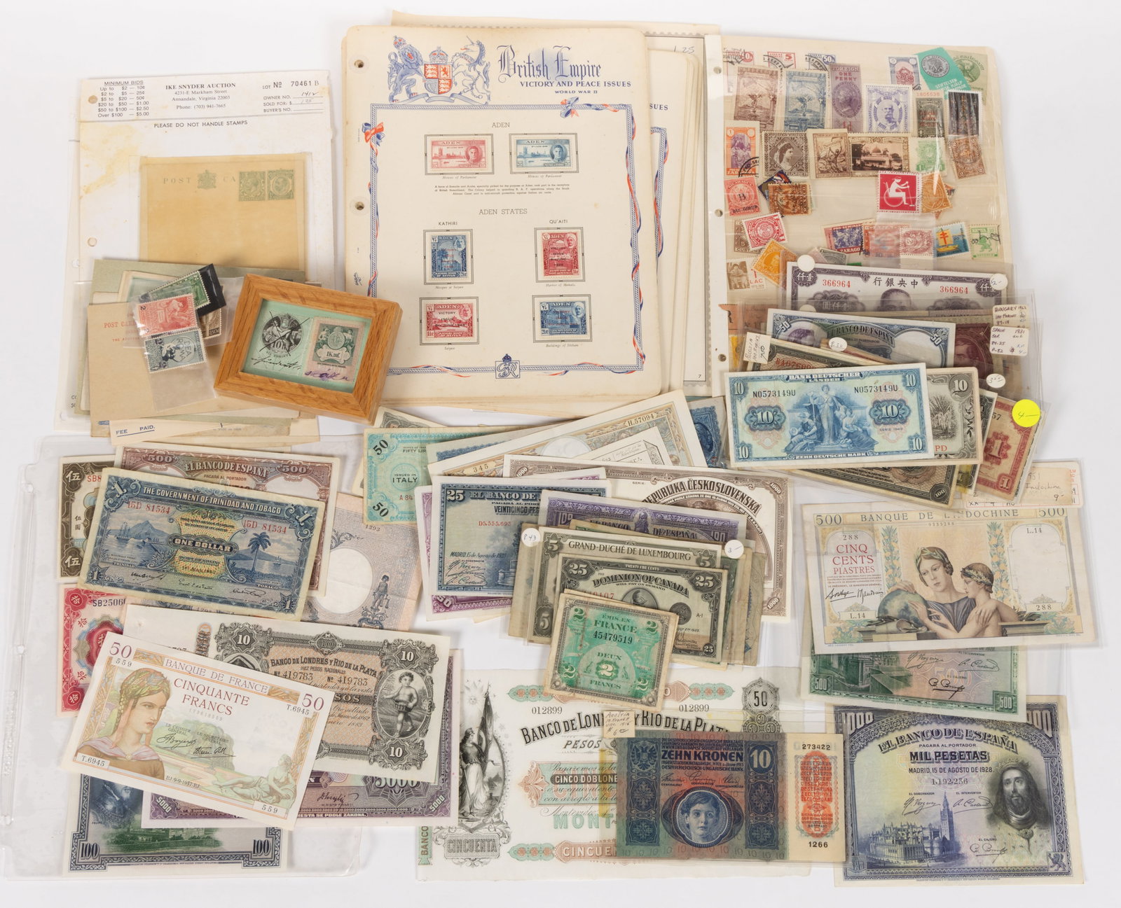 ASSORTED FOREIGN CURRENCY AND STAMPS, UNCOUNTED LOT (1 of 2)