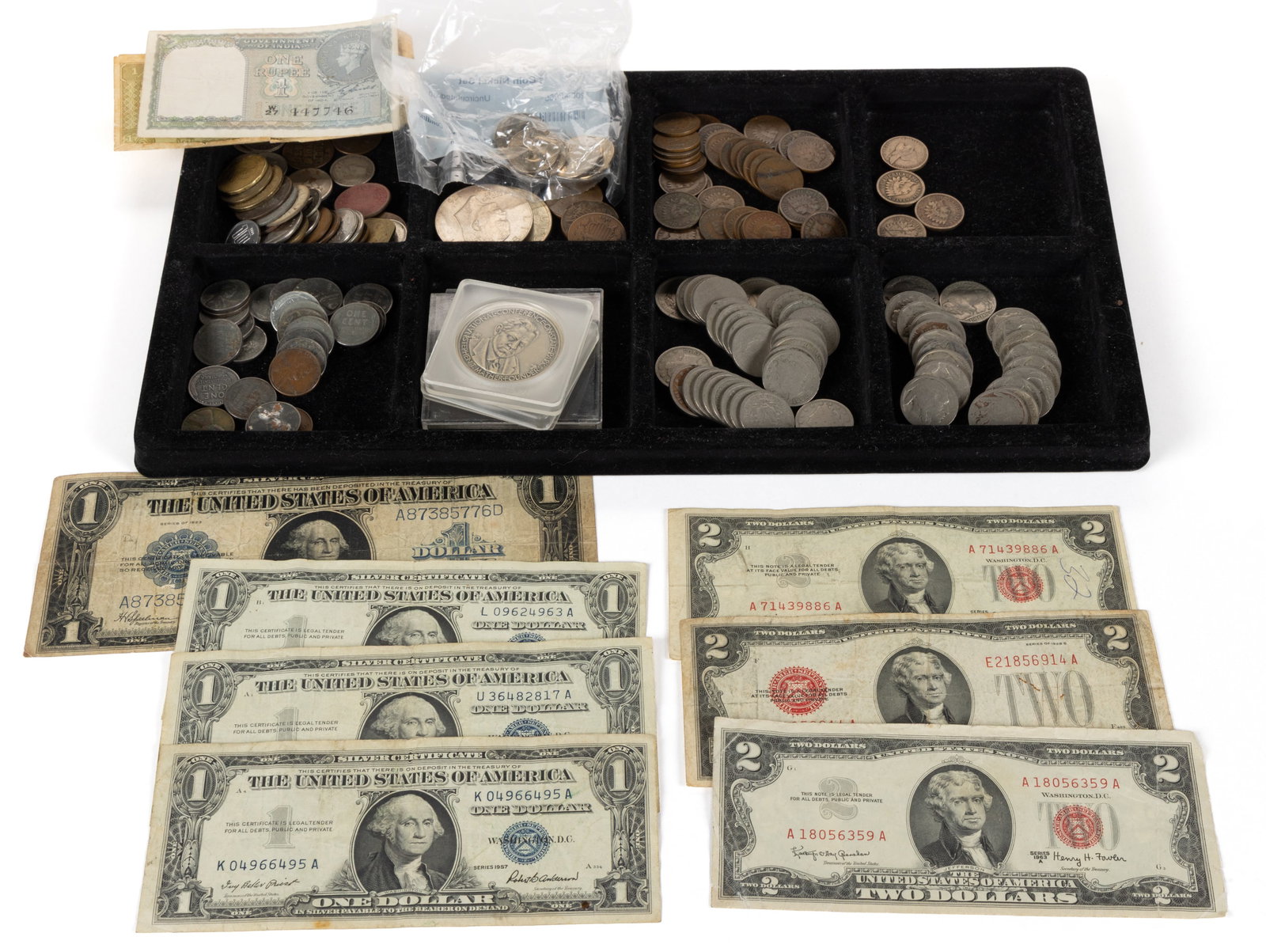 ASSORTED UNITED STATES AND FOREIGN COINS, CURRENCY, AND MEDALLIONS, UNCOUNTED LOT: ASSORTED UNITED STATES AND FOREIGN COINS, CURRENCY, AND MEDALLIONS, UNCOUNTED LOT, including 1857 Flying Eagle cent, 1859 and 1863 (2) Indian Head cents, 40 1881-1907 Indian Head cents, three 2-cents,