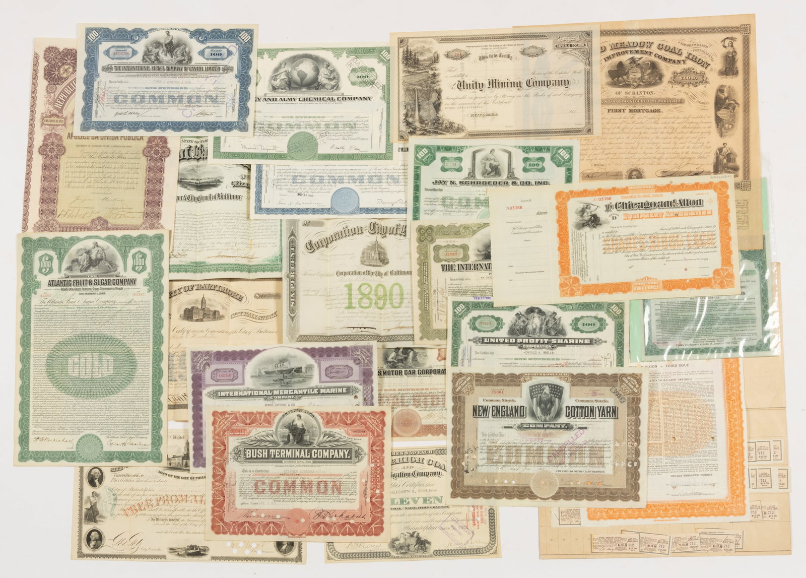 ASSORTED BONDS AND STOCK CERTIFICATES, LOT OF 22: ASSORTED BONDS AND STOCK CERTIFICATES, LOT OF 22, many printed by the American Bank Note Co.; including 1869 City of Philadelphia; 1883, 1884, and 1890 City of Baltimore; 1858 Stafford Meadow Coa