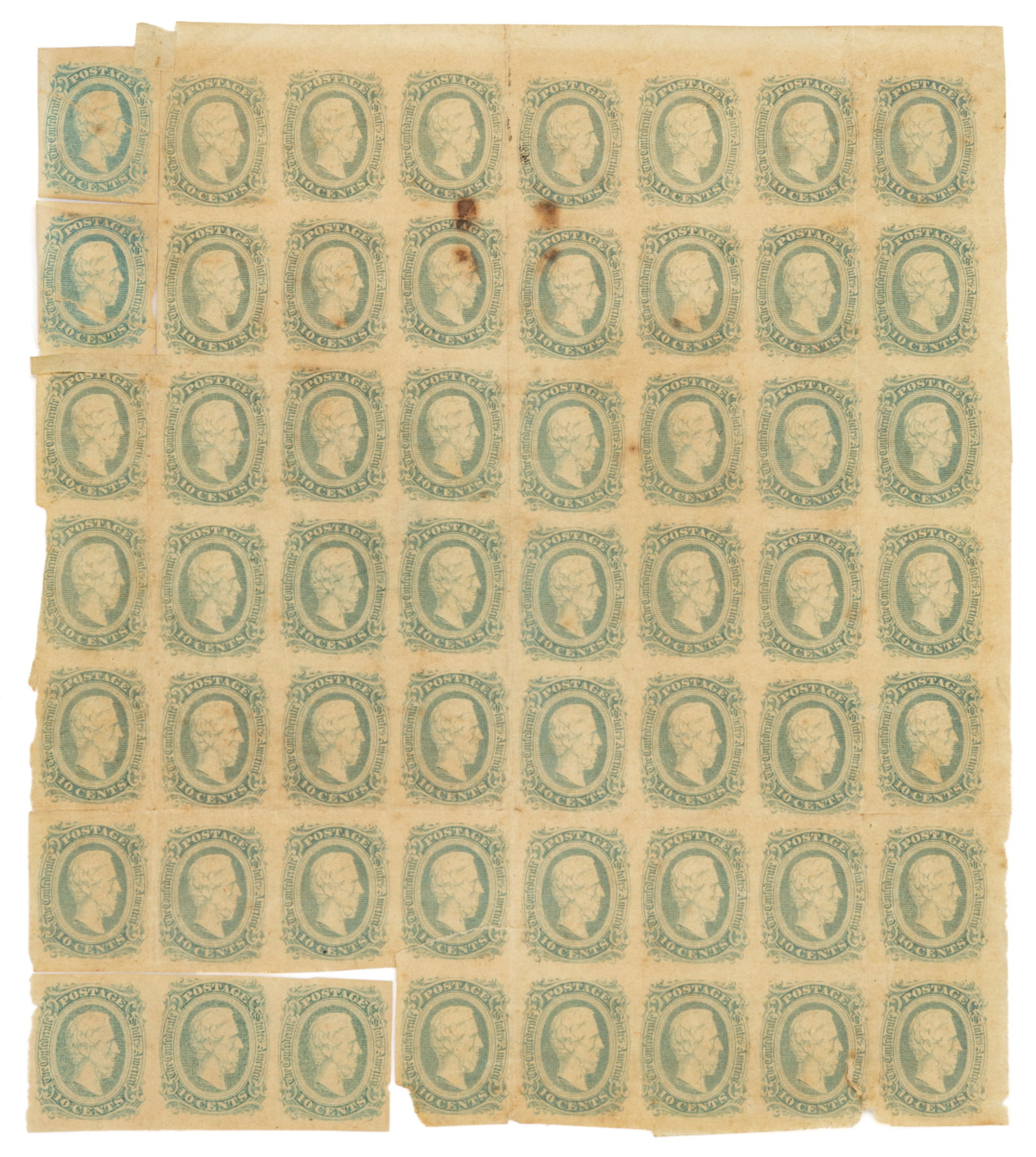 CONFEDERATE STATES / CSA CIVIL WAR UNUSED POSTAGE STAMPS: CONFEDERATE STATES / CSA CIVIL WAR UNUSED POSTAGE STAMPS, greenish blue, Scott CSA #11 ten cents, Archer & Daly printing with cross-hatched background, comprising an uncut sheet of 51 with two add