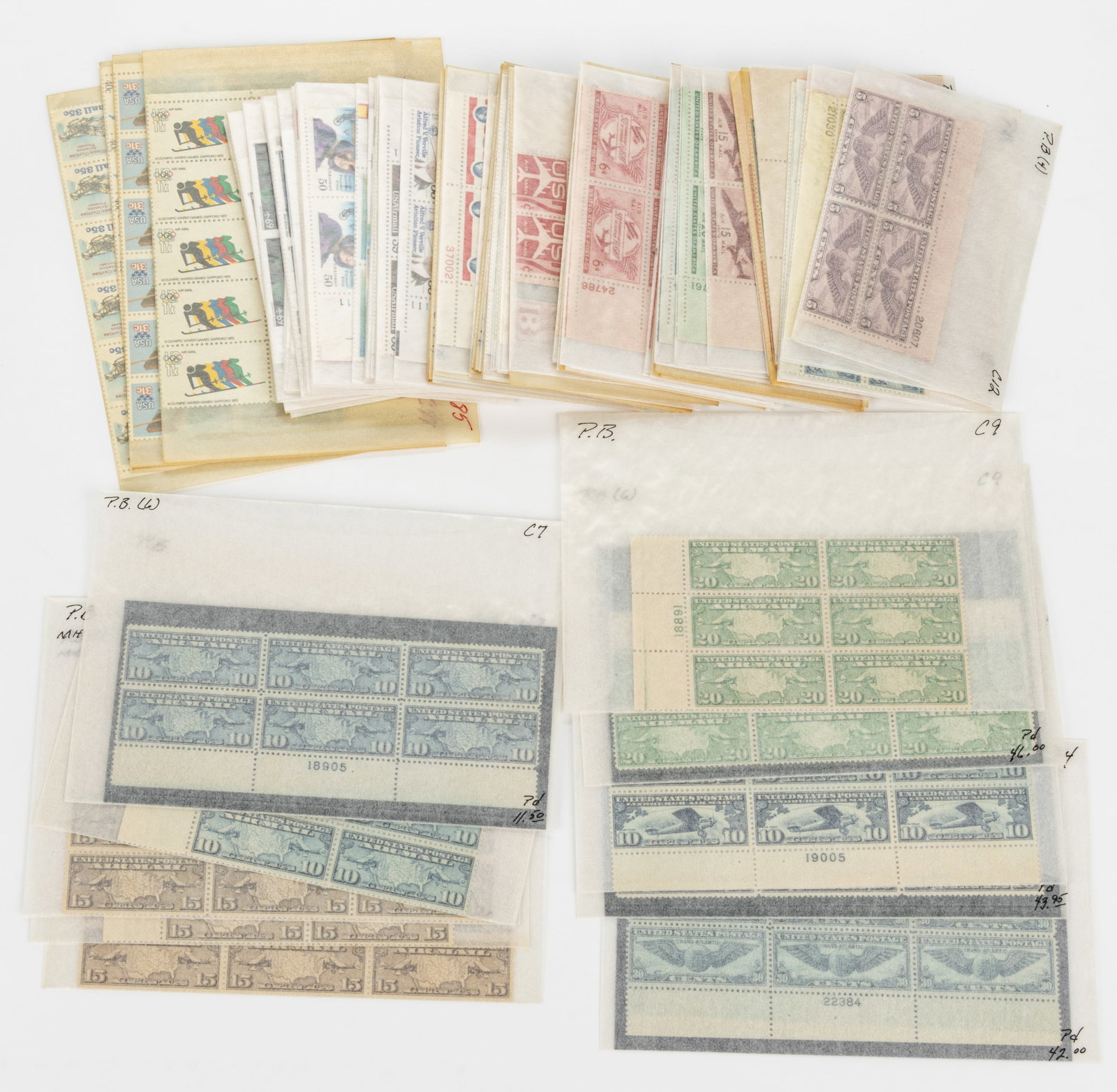 UNITED STATES AIR MAIL POSTAGE STAMPS PLATE BLOCKS, UNCOUNTED LOT (1 of 2)