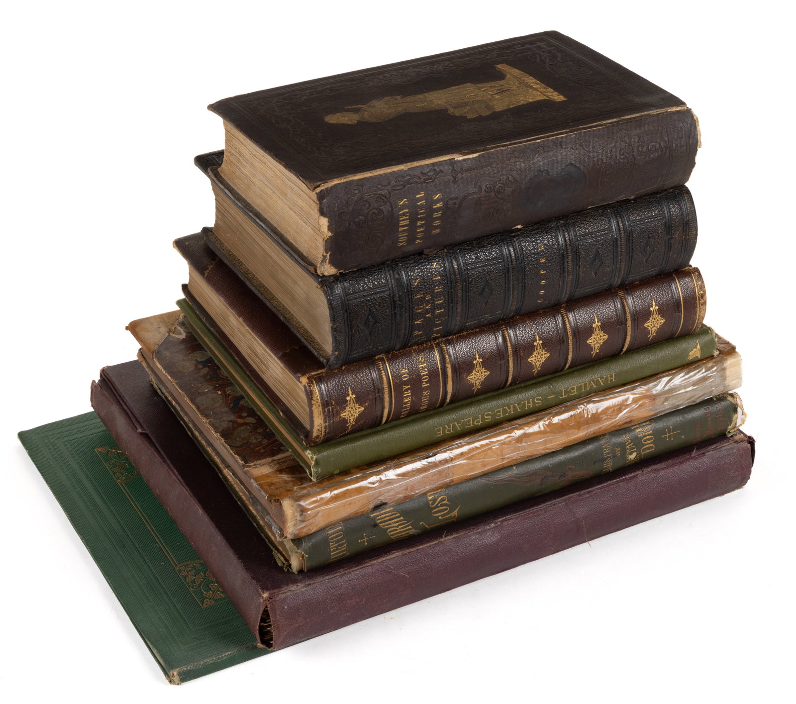ANTIQUARIAN ILLUSTRATED LITERARY AND OTHER VOLUMES, LOT OF EIGHT: ANTIQUARIAN ILLUSTRATED LITERARY AND OTHER VOLUMES, LOT OF EIGHT, including (1) Cooper, Pages and Pictures, From the Writings of James Fenimore Cooper, with Notes by Susan Fenimore Cooper, 1