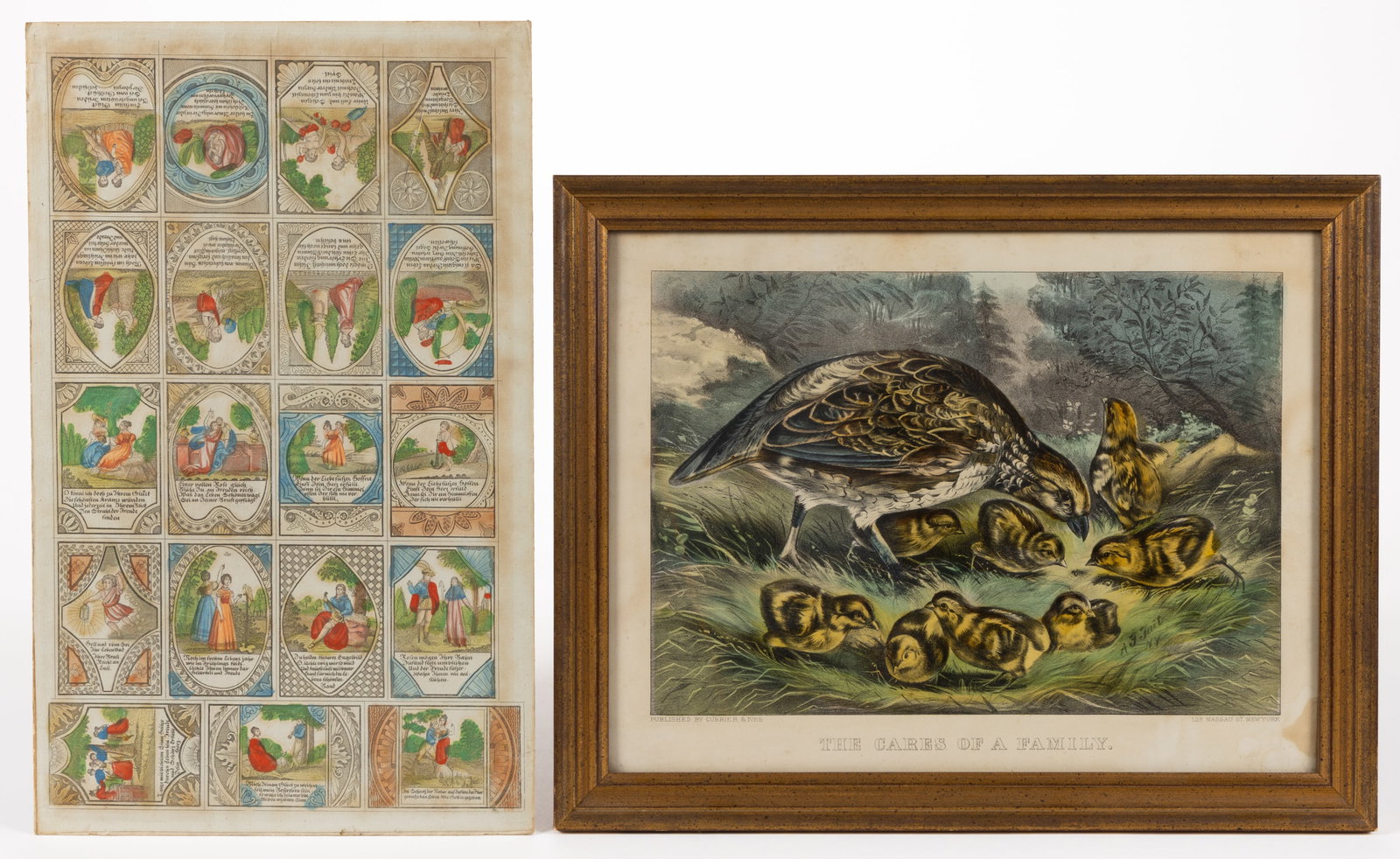 ANTIQUE HAND-COLORED PRINTS, LOT OF TWO: ANTIQUE HAND-COLORED PRINTS, LOT OF TWO, comprising an uncut German woodblock educational/devotional broadsheet, laid on board; and a Currier & Ives "The Cares of a Family" lithogra