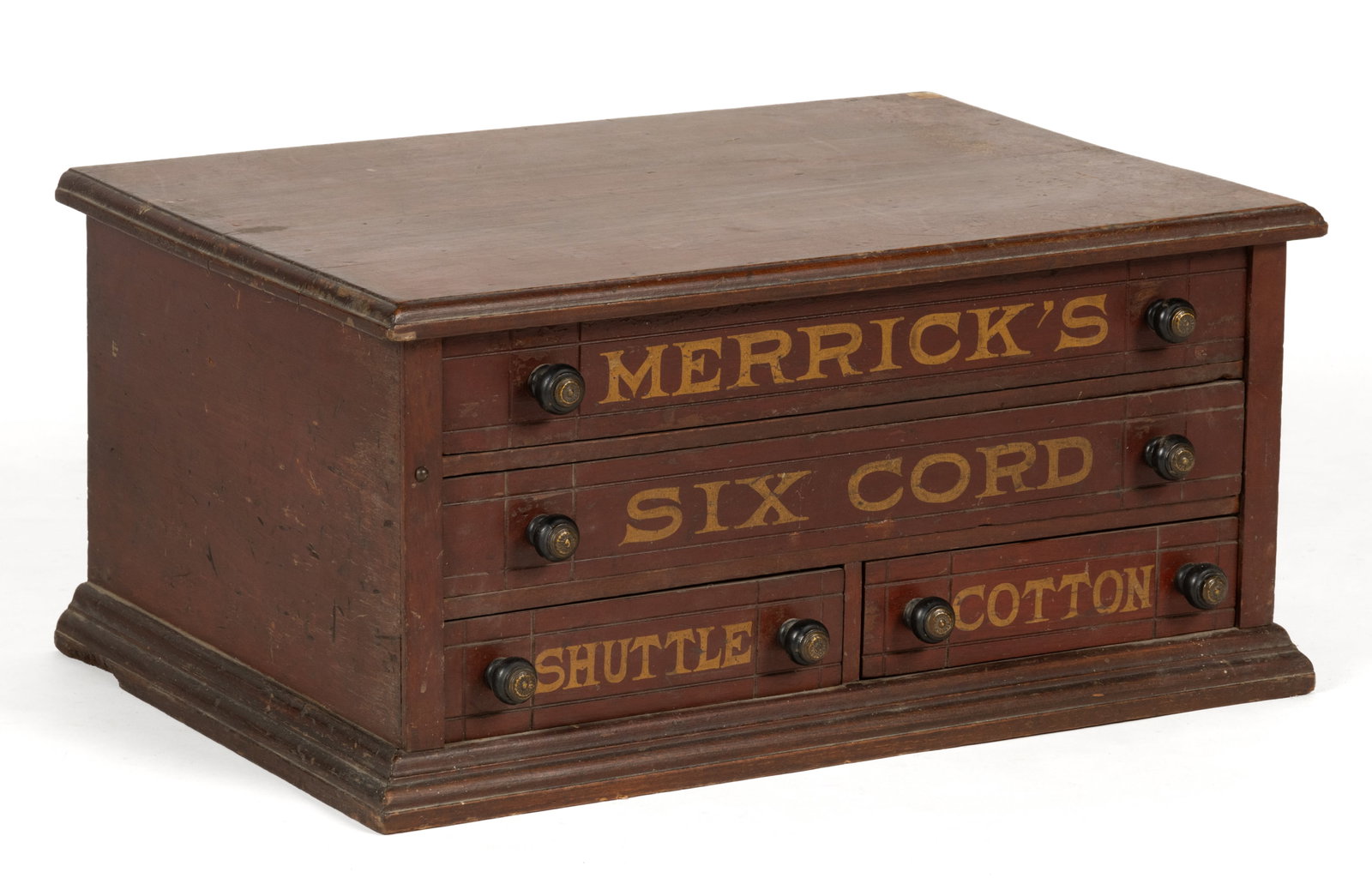 MERRICK'S PAINTED MAPLE SPOOL CUPBOARD: MERRICK'S PAINTED MAPLE SPOOL CUPBOARD, rectangular form with two full drawers over two short drawers lettered "MERRICK'S / SIX CORD / SHUTTLE / COTTON". The interior with numerous e