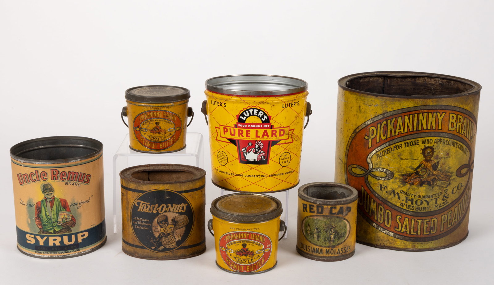 ASSORTED LITHOGRAPHED AND PAPER LABEL BLACK AMERICANA VARIOUS FOOD TINS, LOT OF SEVEN (1 of 2)