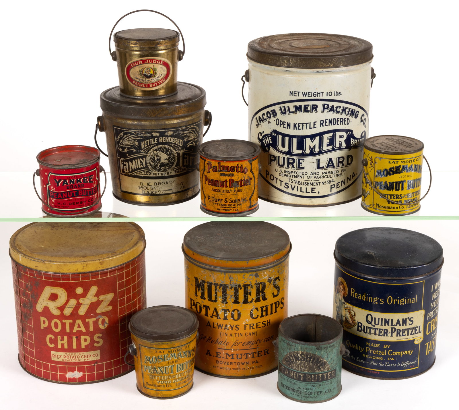 ASSORTED LITHOGRAPHED PENNSYLVANIA MANUFACTURERS FOOD TINS, LOT OF 11 (1 of 1)