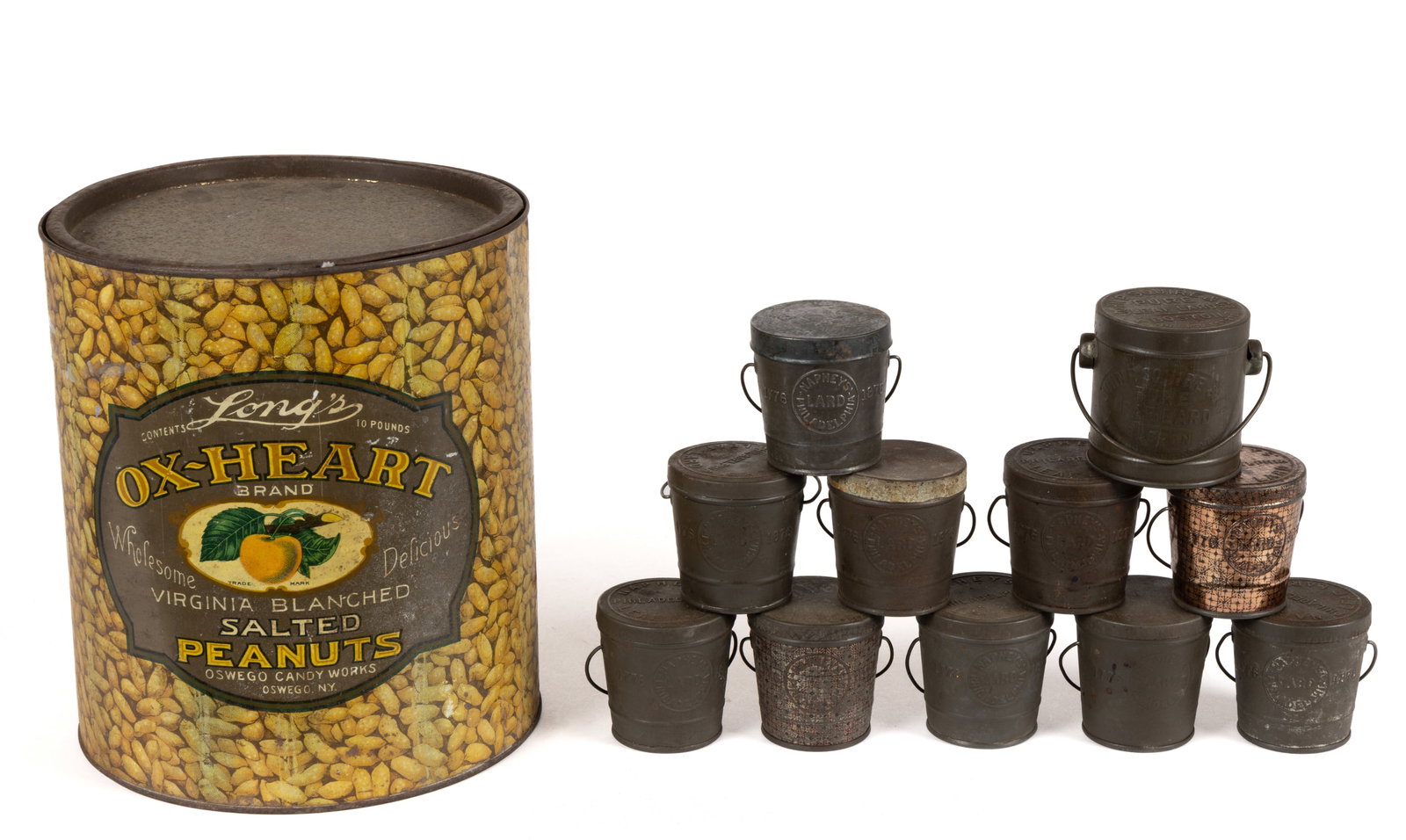 ASSORTED LITHOGRAPHED AND UNDECORATED FOOD TINS, LOT OF 12: ASSORTED LITHOGRAPHED AND UNDECORATED FOOD TINS, LOT OF 12, comprising of 11 examples having a cover and a bail handle, including ten small "Napheys Leaf Lard", Philadelphia, PA, i
