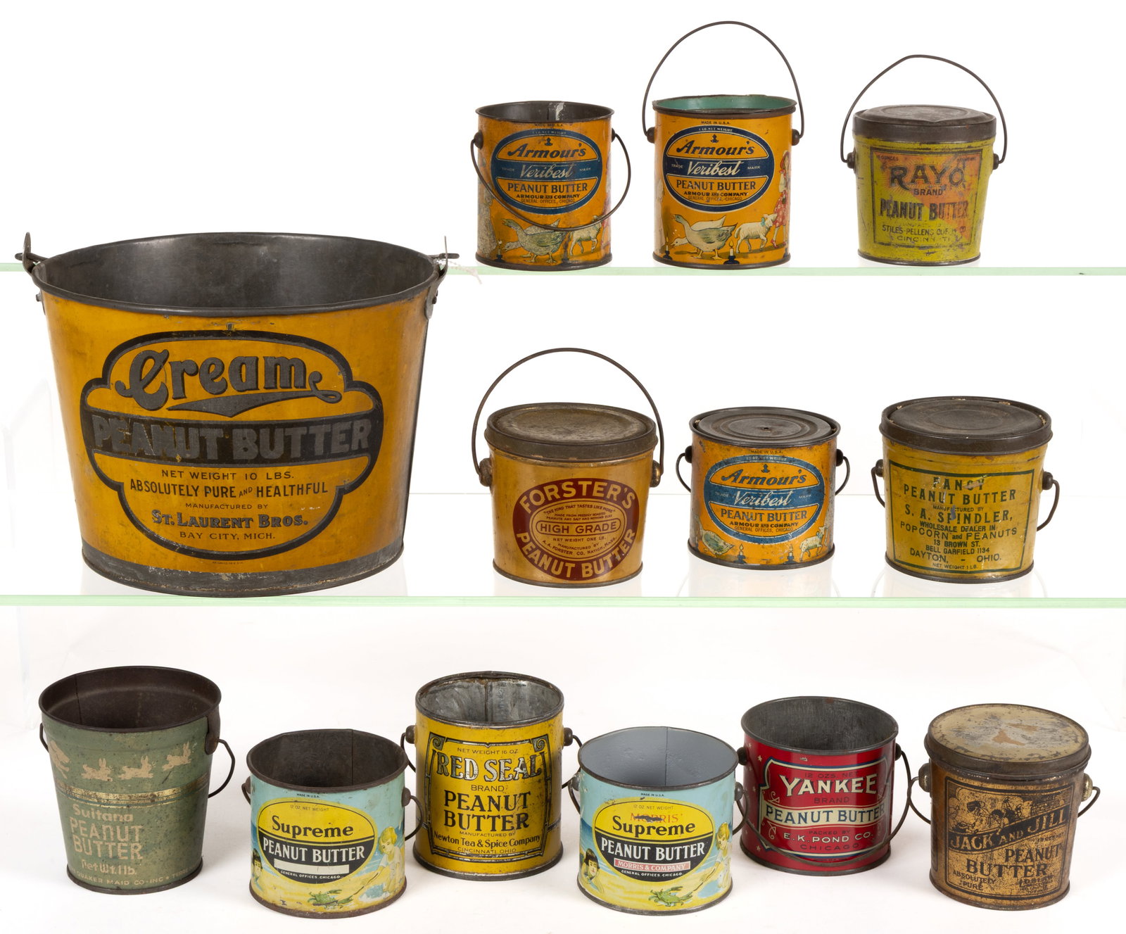 ASSORTED LITHOGRAPHED PEANUT BUTTER TINS, LOT OF 13: ASSORTED LITHOGRAPHED PEANUT BUTTER TINS, LOT OF 13, various makers and sizes, each with a bail handle, comprising of three "Armour's Veribest", two "Supreme" including on