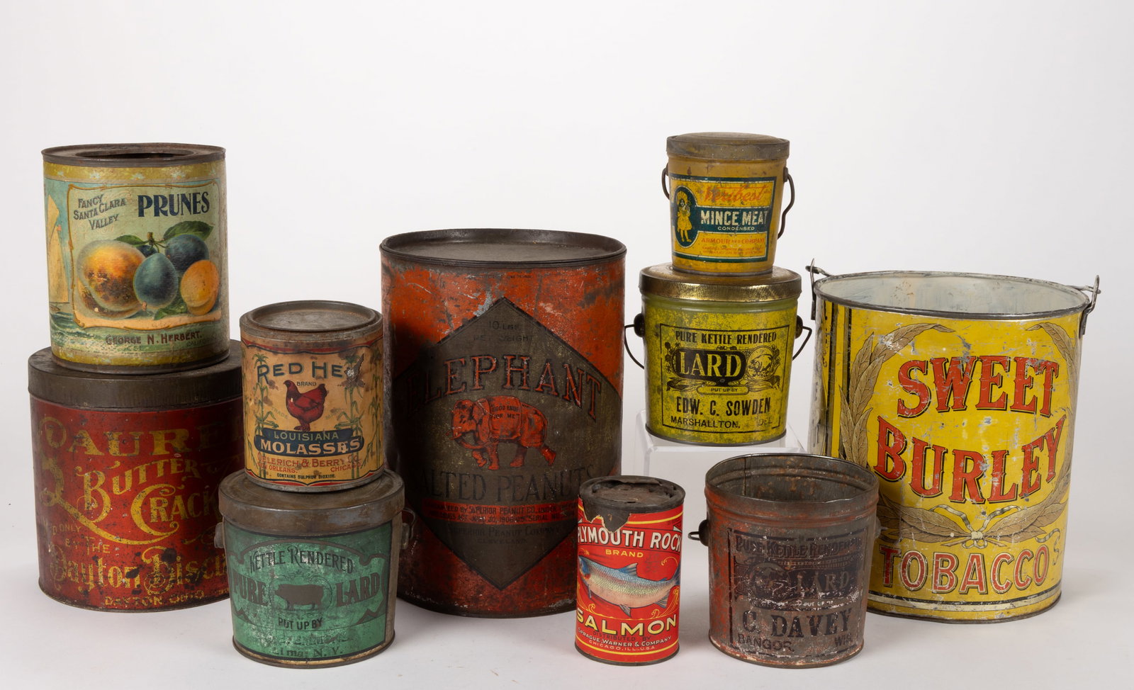 ASSORTED LITHOGRAPHED AND PAPER LABELS MANUFACTURERS FOOD TINS, LOT OF TEN (1 of 1)