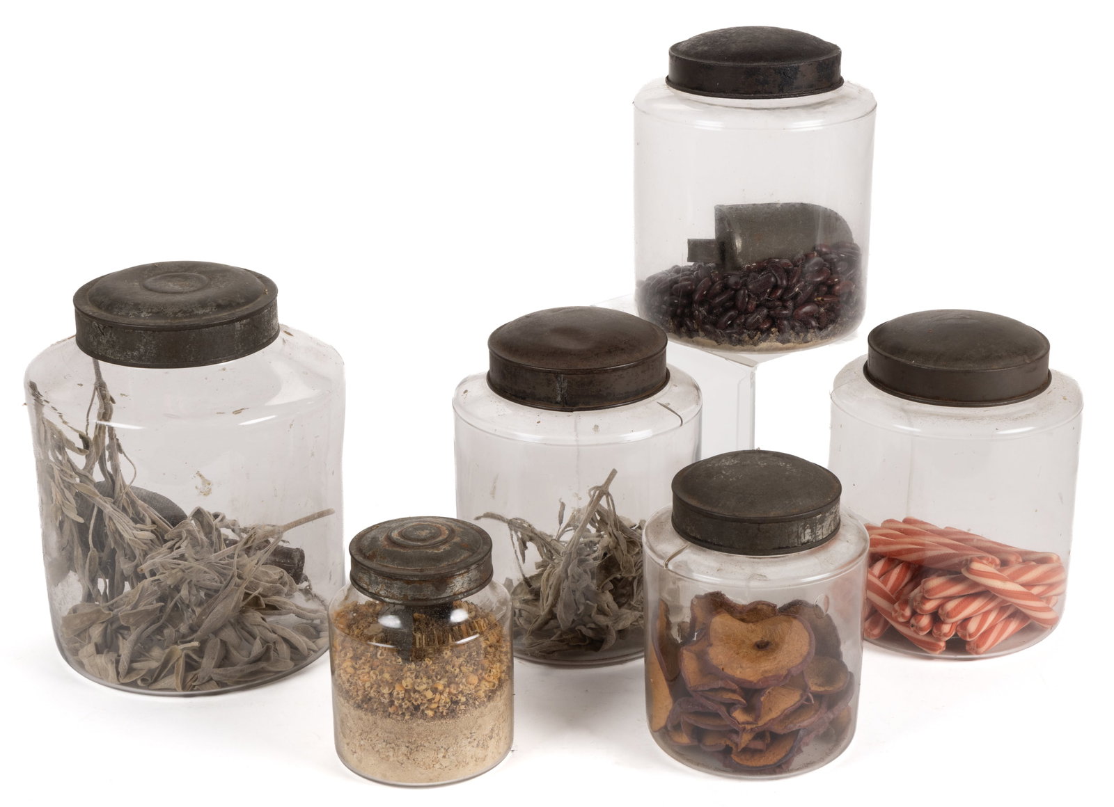 FREE-BLOWN AND BLOWN-MOLDED GLASS COUNTRY STORE / STORAGE / APOTHECARY JARS, ASSEMBLED SET OF SIX (1 of 1)