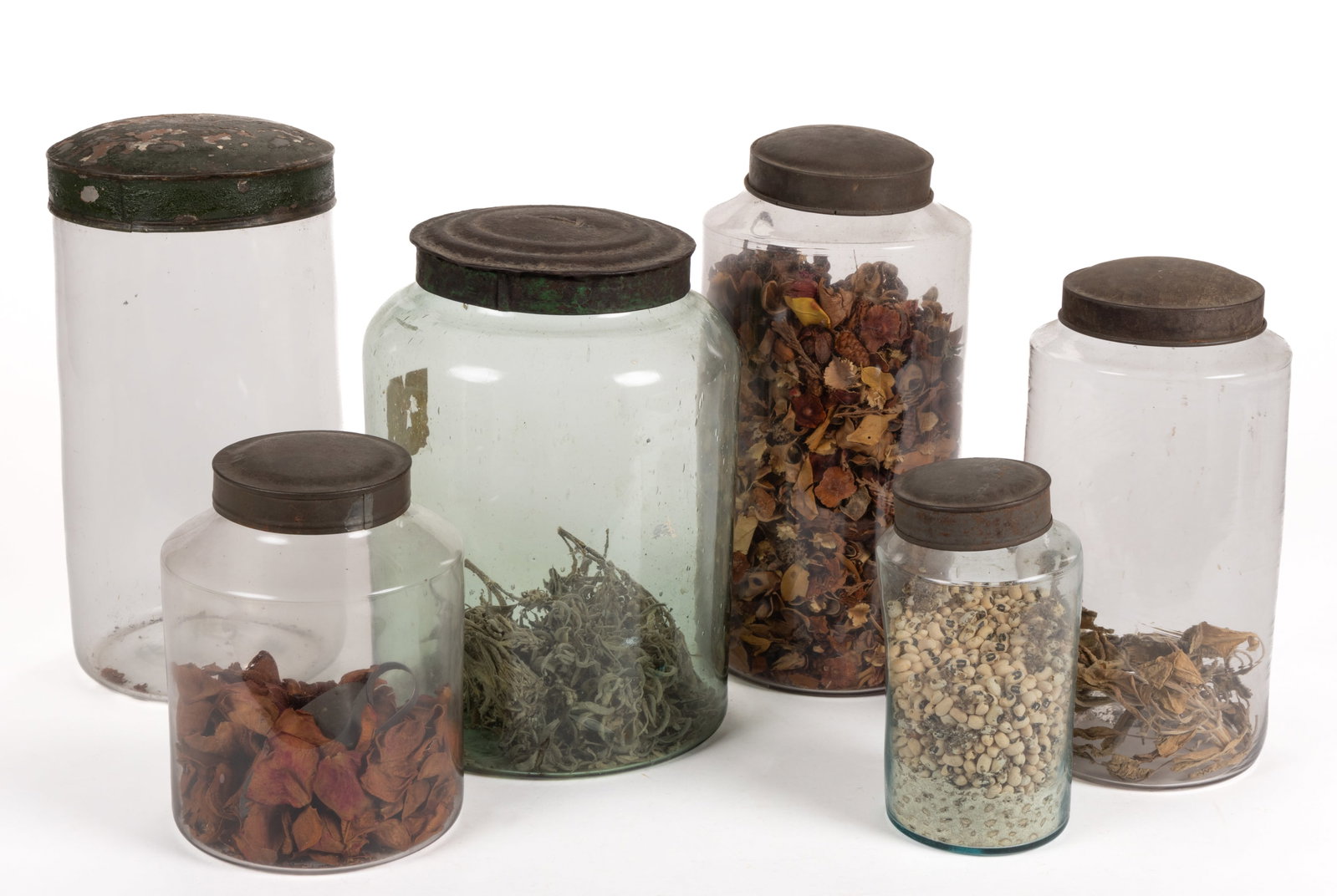 FREE-BLOWN AND BLOWN-MOLDED GLASS COUNTRY STORE / STORAGE / APOTHECARY JARS, ASSEMBLED SET OF SIX (1 of 1)