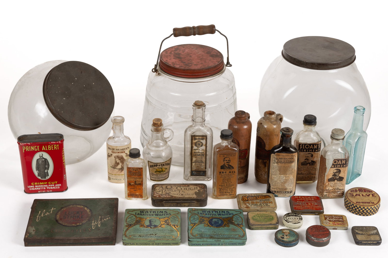 ASSORTED GLASS, TIN, AND POTTERY COUNTRY STORE / ADVERTISING CONTAINERS, LOT OF 28 (1 of 1)