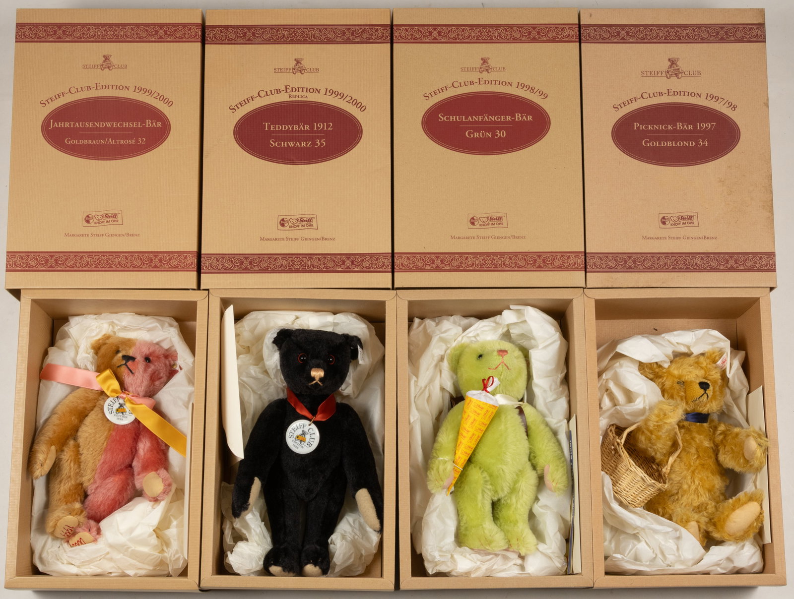 GERMAN STEIFF REPLICA CLUB EDITION STUFFED TEDDY BEARS, LOT OF FOUR (1 of 1)