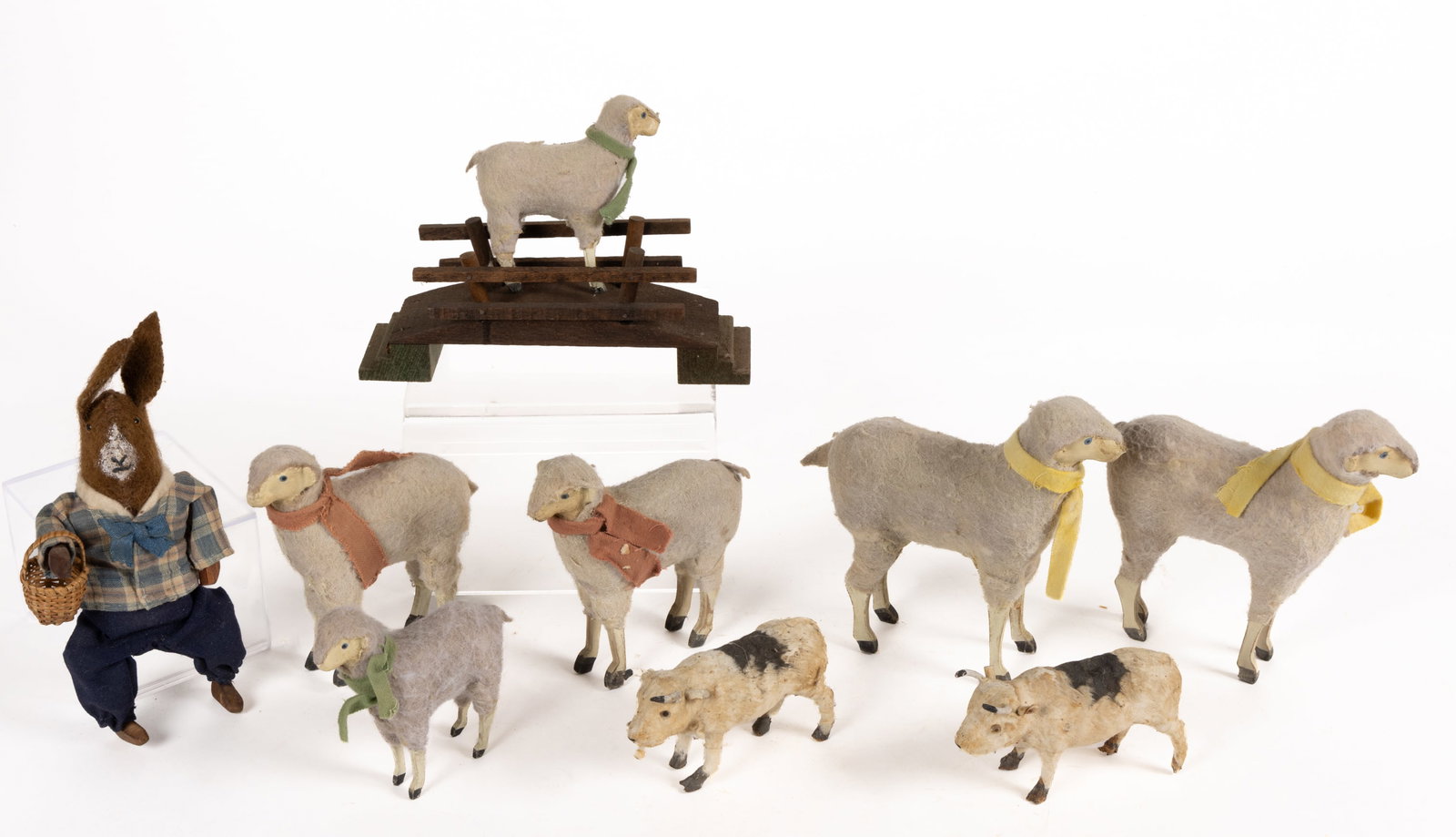 ASSORTED WOODEN AND CLOTH COVERED ANIMALS AND RELATED, LOT OF TEN: ASSORTED GERMAN-TYPE WOODEN AND CLOTH COVERED ANIMALS AND RELATED, LOT OF TEN, nine animals with wooden limbs, composition body and a fabric felt/fur-like covering; comprising of six sheep, two b