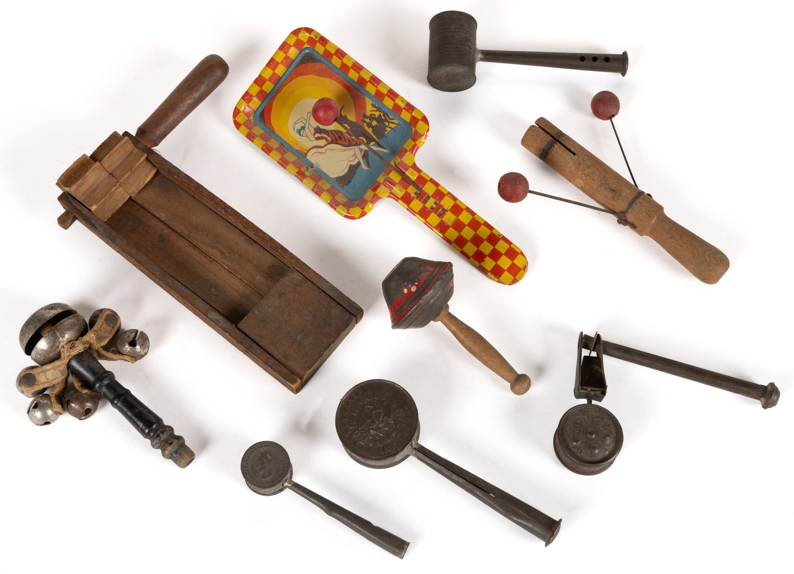 ASSORTED TIN AND WOODEN NOISE MAKERS, LOT OF NINE (1 of 1)