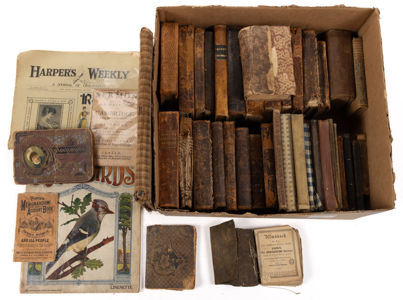 ANTIQUARIAN LEATHER AND OTHER VOLUMES AND PRINTED MATERIALS, UNCOUNTED LOT (1 of 1)