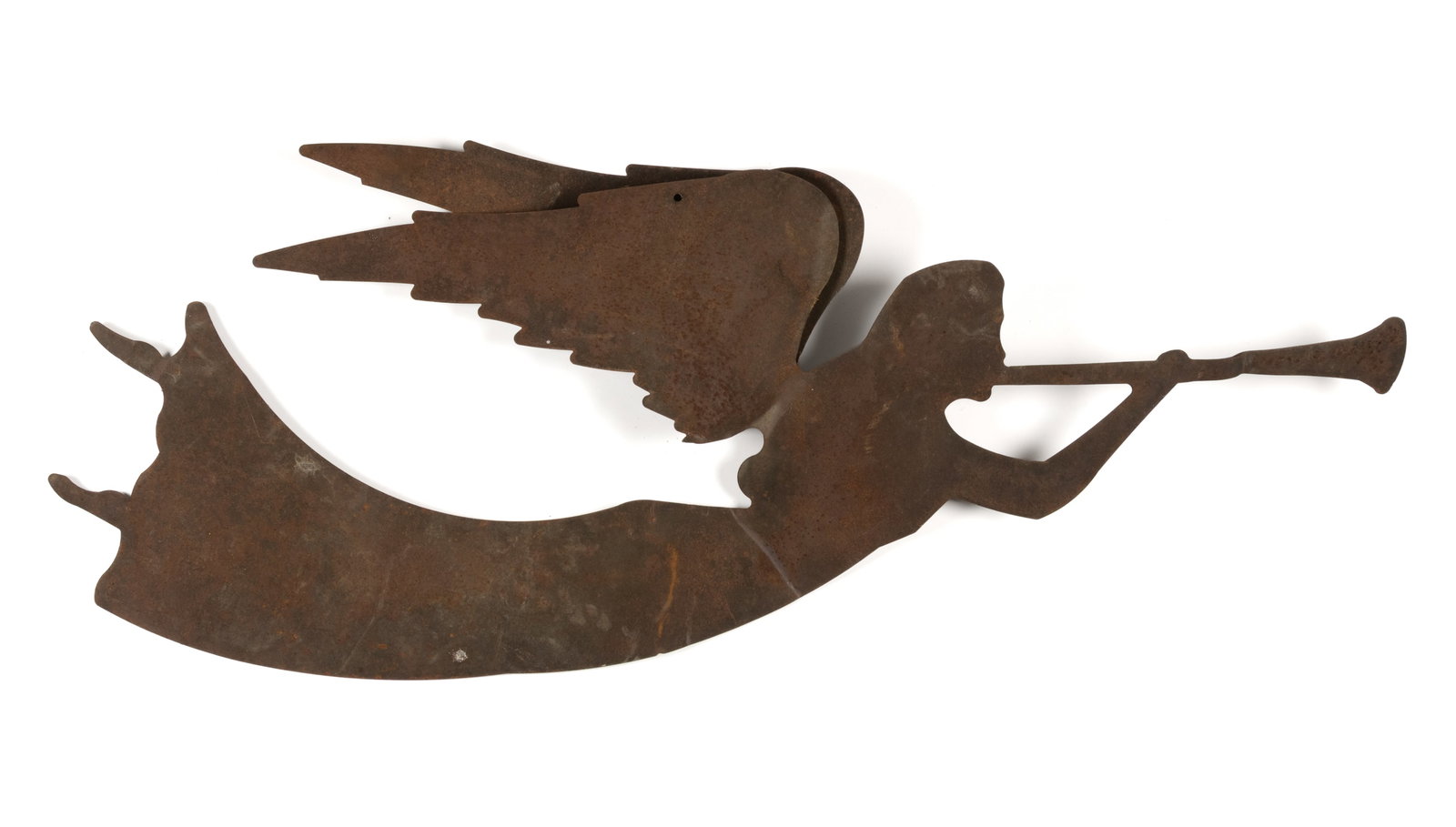 FOLK ART SHEET-IRON ANGEL WEATHERVANE: FOLK ART SHEET-IRON ANGEL WEATHERVANE, constructed of two pieces of sheet-iron joined together, depicting a flying angel blowing her trumpet, her wings are bent out from each of the two halves of shee