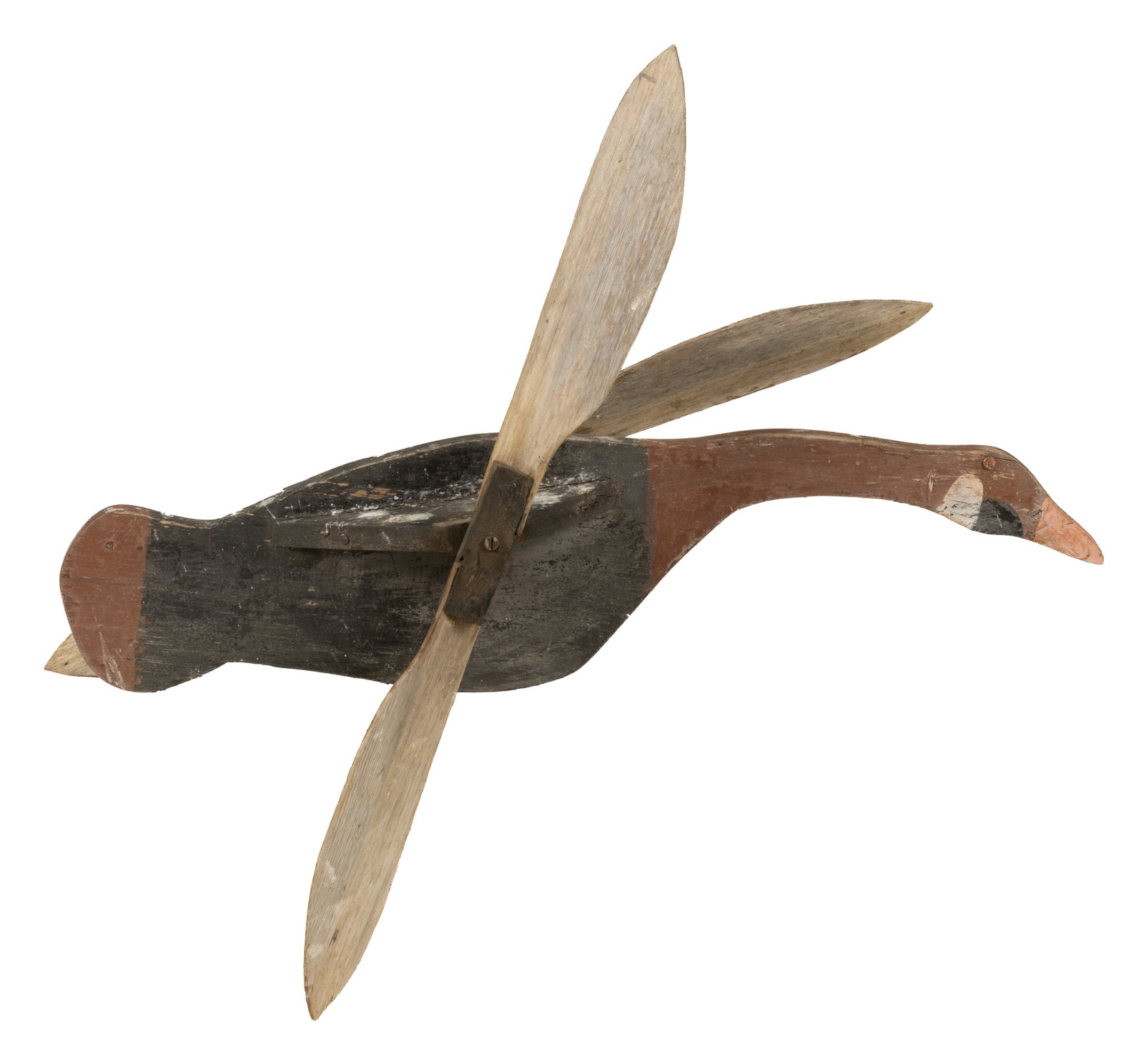 AMERICAN FOLK ART CARVED AND PAINTED GOOSE WHIRLIGIG: AMERICAN FOLK ART CARVED AND PAINTED GOOSE WHIRLIGIG, cut-out pine with thin pine wings on either side, tack eyes, and an iron mounting rod at the bottom. Retains an early, probably original, pai