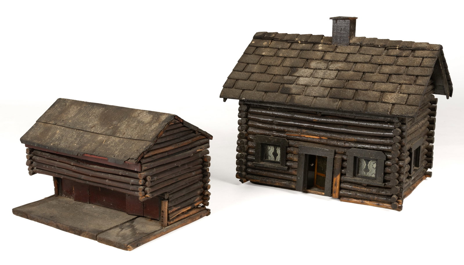 AMERICAN FOLK ART MINIATURE / DOLL'S HOUSE LOG CABIN AND LOG BARN, LOT OF TWO (1 of 3)