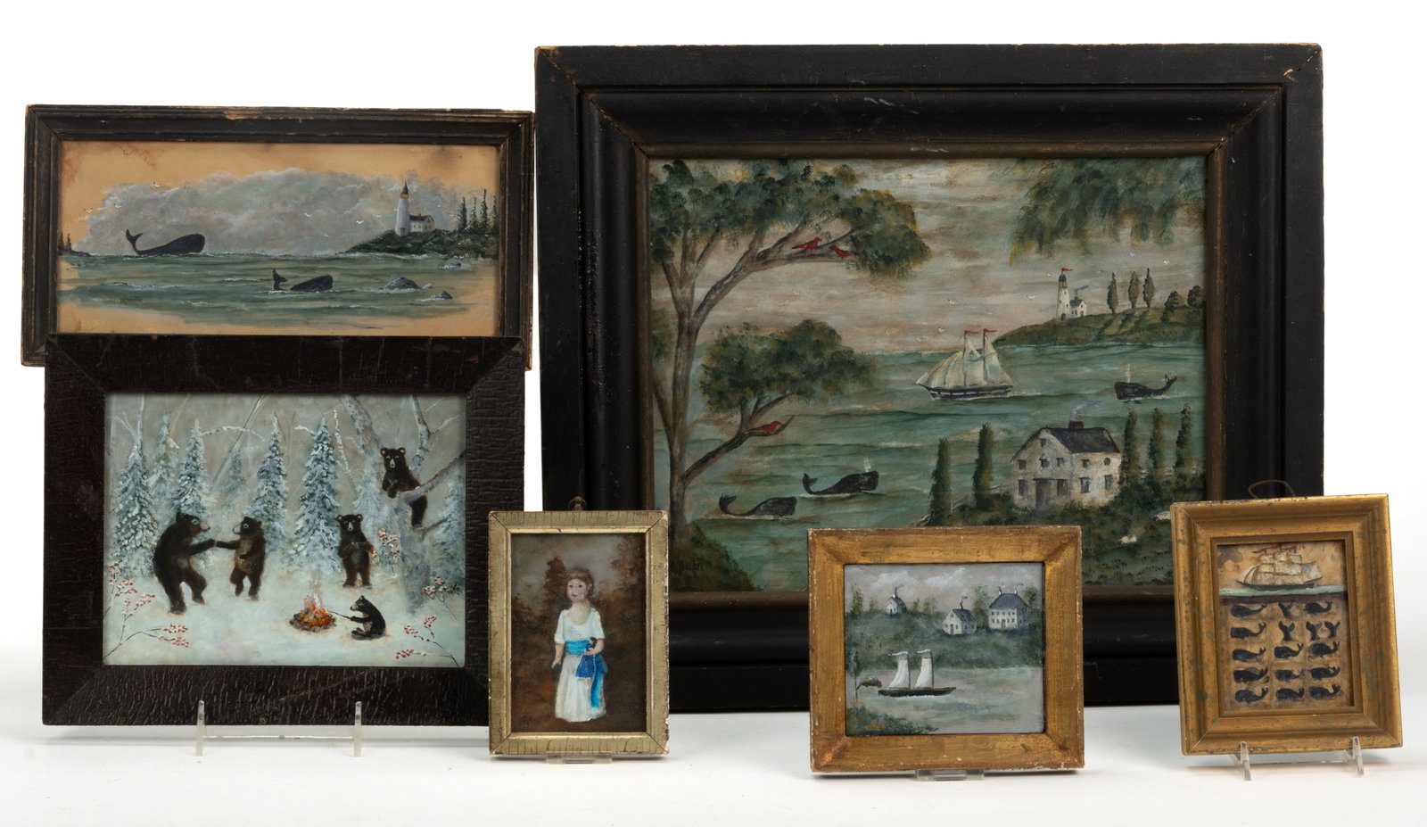 ASSORTED MARK K. MOULTON (CONNECTICUT) FOLK ART PAINTINGS, LOT OF SIX: ASSORTED MARK K. MOULTON (CONNECTICUT) FOLK ART PAINTINGS, LOT OF SIX, comprising of four nautical examples, including three examples (artist signed) of a shoreline, two examples with a lighthous