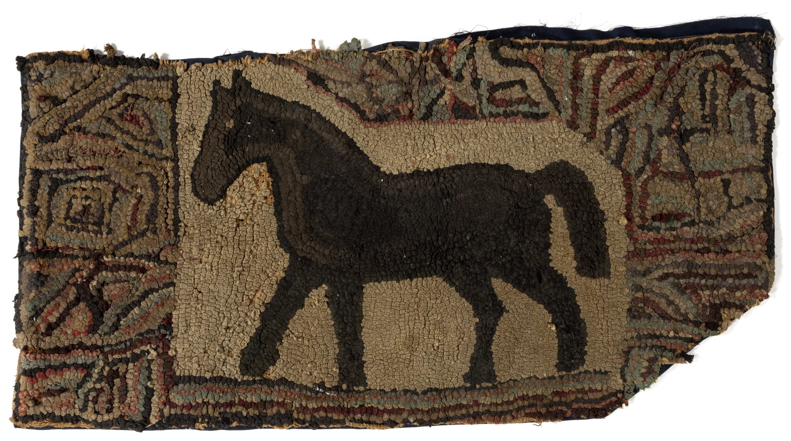 AMERICAN FOLK ART HORSE PICTORIAL HOOKED RUG: AMERICAN FOLK ART HORSE PICTORIAL HOOKED RUG, rectangular form with one corner later cut off, center with a walking horse in a shaped frame, abstract border along all four sides, back later covered by