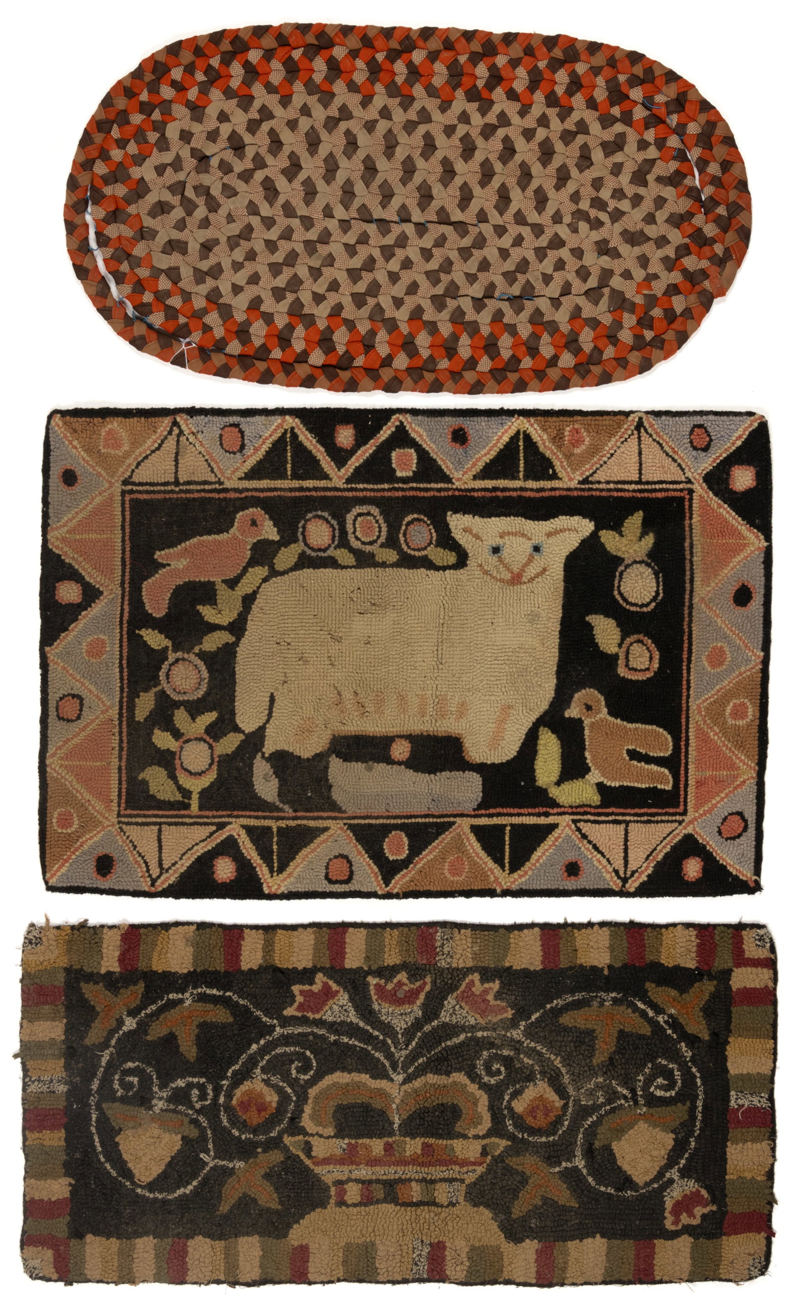 AMERICAN FOLK ART AND OTHER HOOKED AND BRAIDED RUGS, LOT OF THREE (1 of 2)