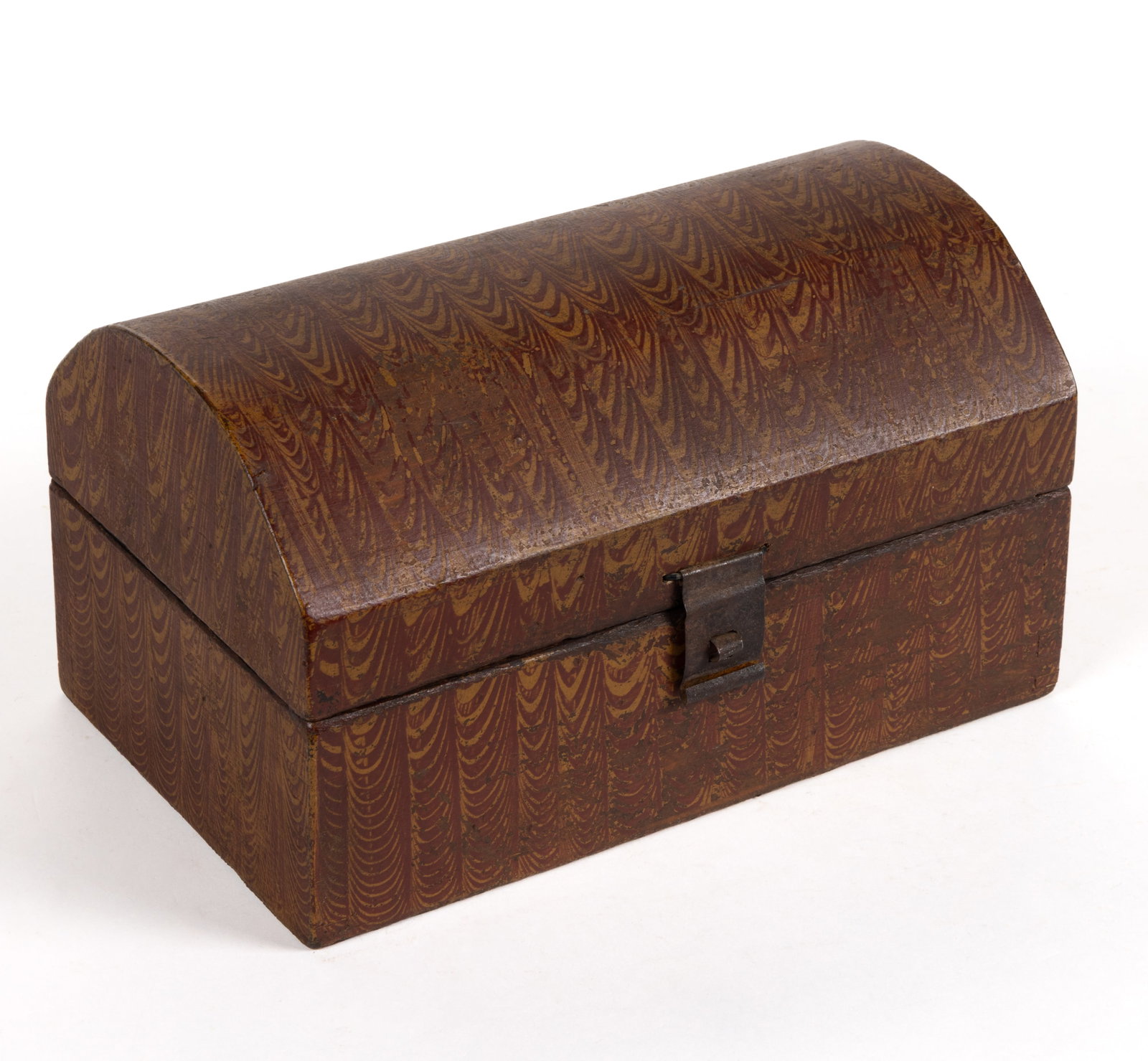 FOLK ART SIGNED J. MURPHY, LANCASTER, PA GRAIN PAINTED MINIATURE CHEST: FOLK ART SIGNED J. MURPHY, LANCASTER, PA GRAIN PAINTED MINIATURE CHEST, ochre/brown-red with pale yellow grain-painted surface in a swirled pattern, rectangular form with arch-form hinged