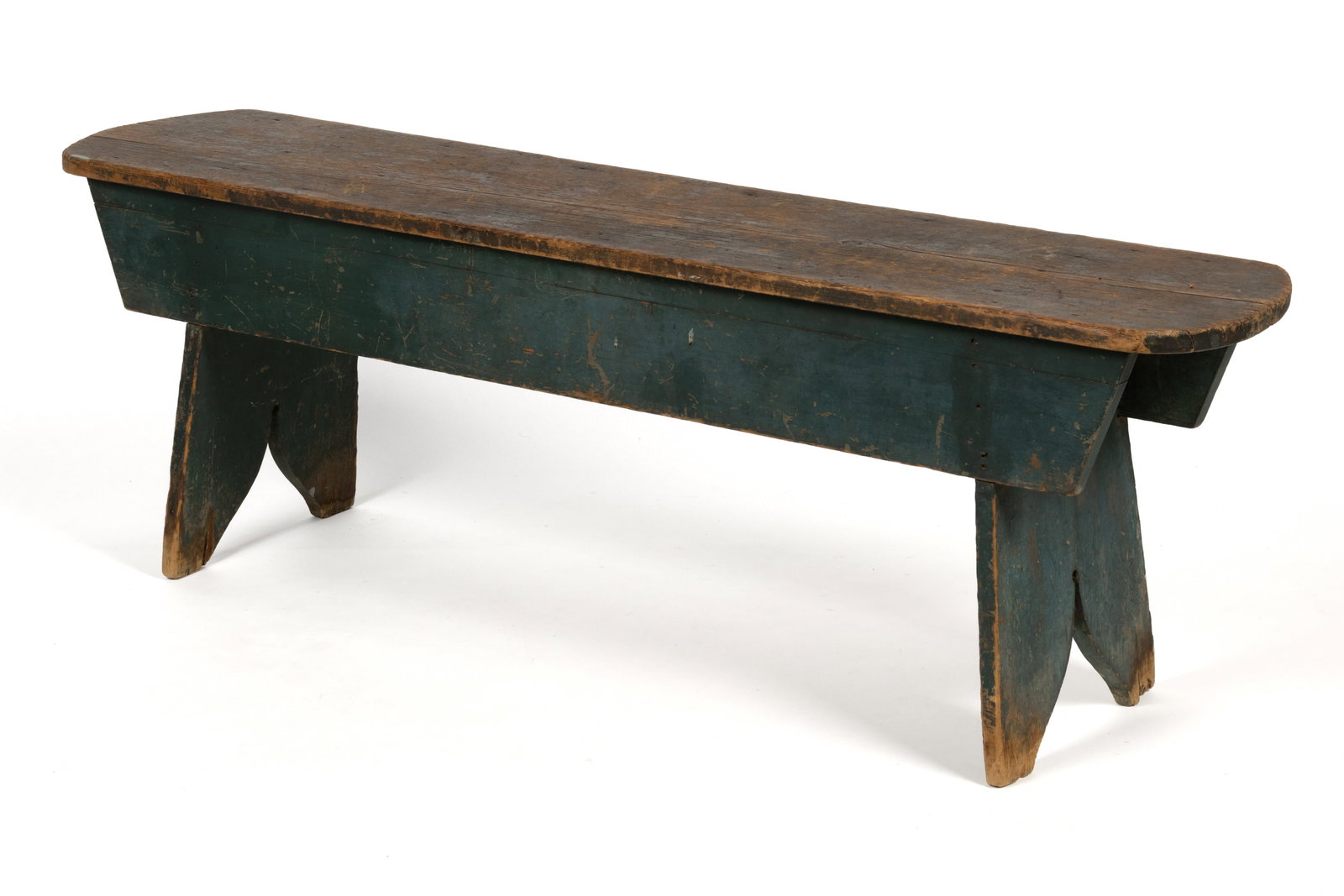 PENNSYLVANIA PAINTED PINE BENCH: PENNSYLVANIA PAINTED PINE BENCH, nailed form with splayed cut-out supports, scrubbed plank seat, and early blue-painted surface. Mid 19th century. 19" H, 58 1/2" L, 13 1/2" D. Provenanc