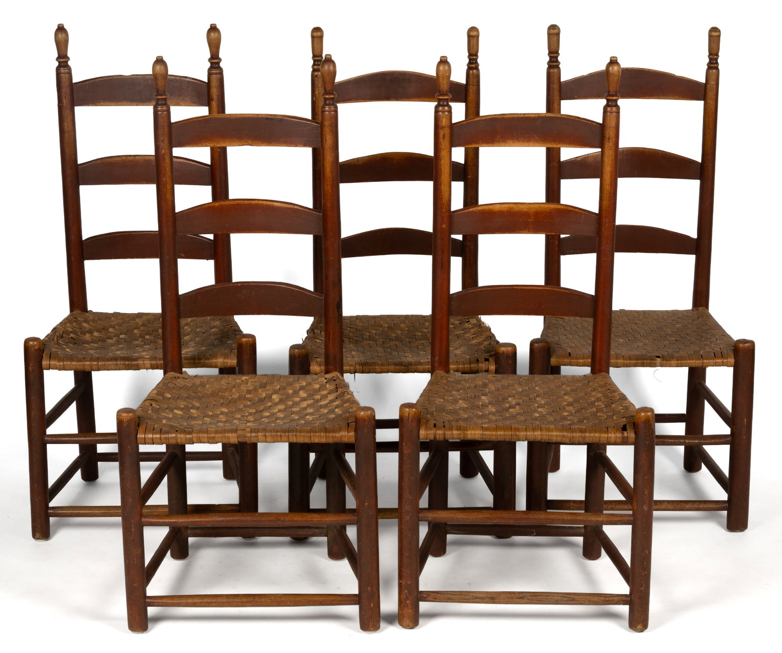 AMERICAN, PROBABLY PENNSYLVANIA, PAINTED LADDER-BACK SIDE CHAIRS, NEAR SET OF FIVE: AMERICAN, PROBABLY PENNSYLVANIA, PAINTED LADDER-BACK SIDE CHAIRS, NEAR SET OF FIVE, maple and oak/hickory, each with turned posts with slight variation in the finials, three-slat back, likely original