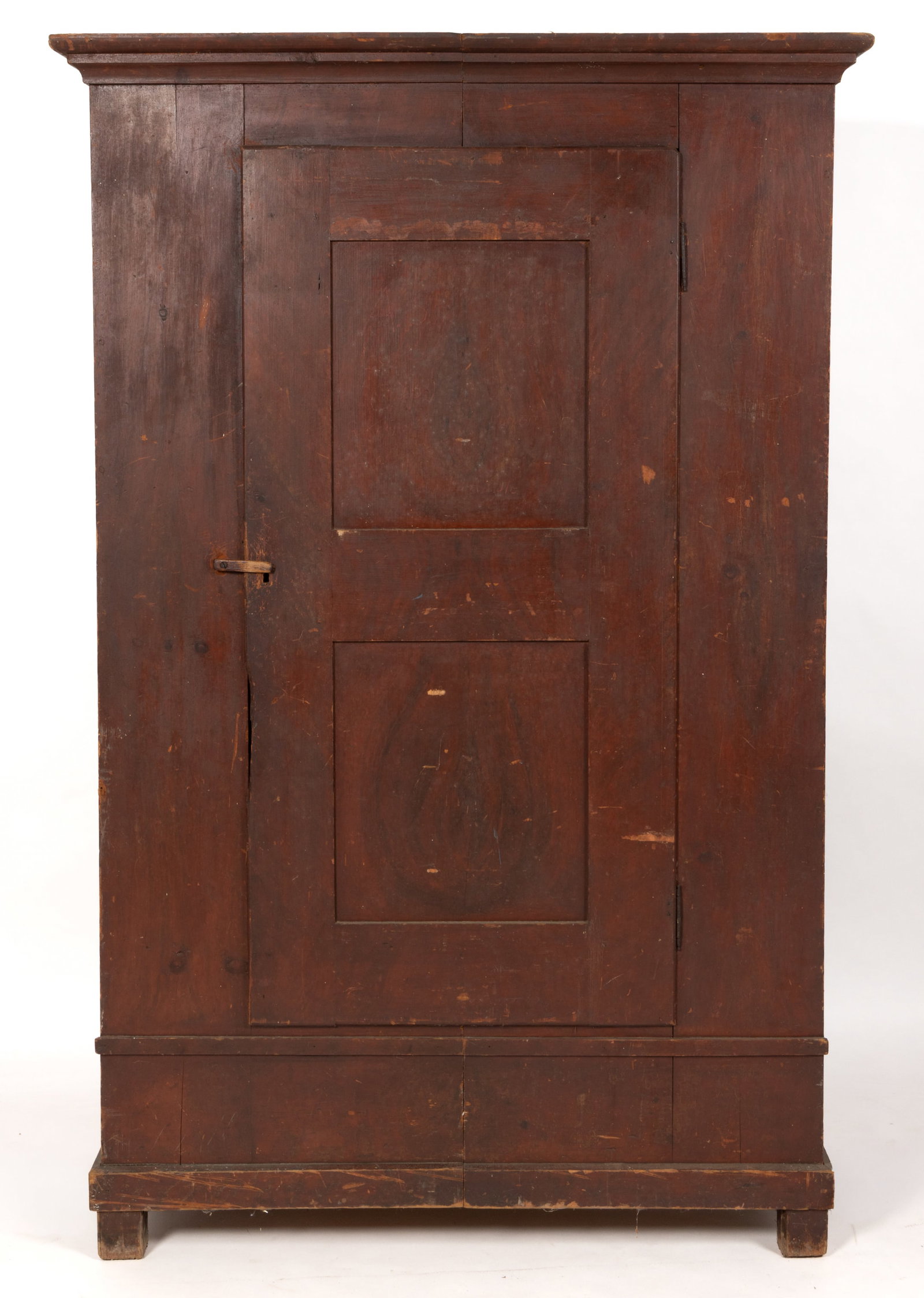 NEW ENGLAND PAINTED PINE WARDROBE: NEW ENGLAND PAINTED PINE WARDROBE, breaks down into multiple pieces for ease of transport, the overhanging molded cornice over a hinged door with two fielded panels which conceals an open interior wit