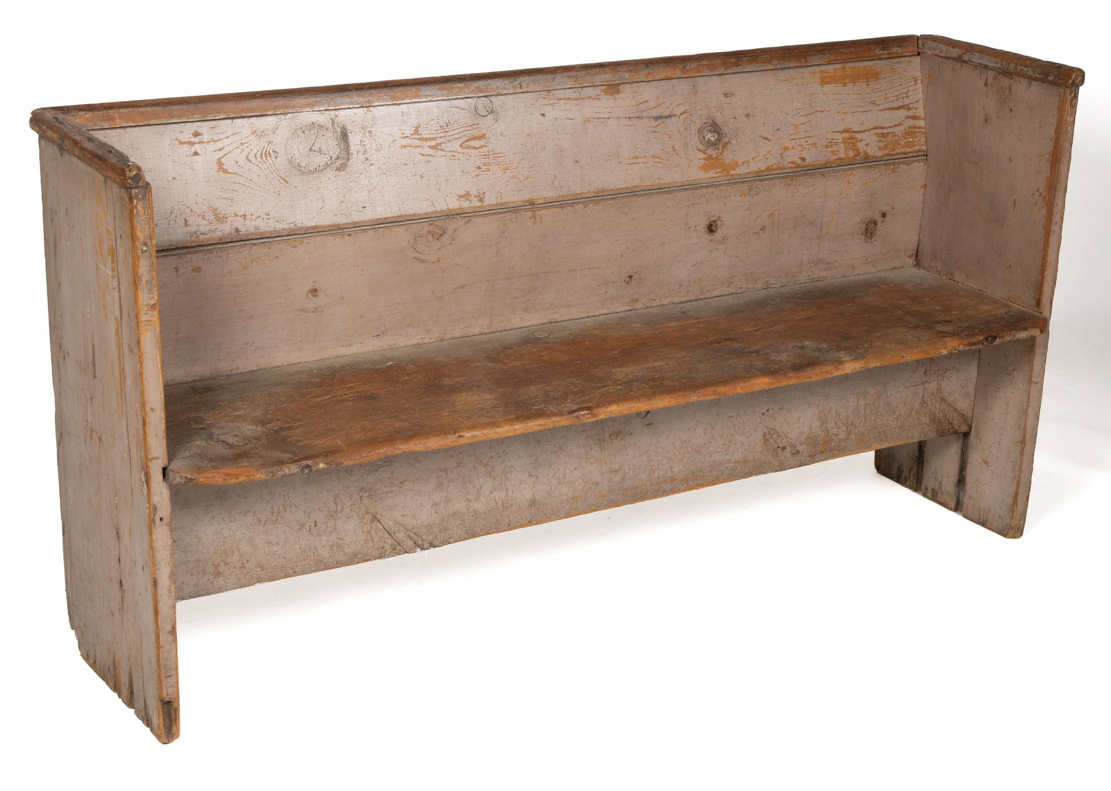 NEW ENGLAND PAINTED PINE BENCH: NEW ENGLAND PAINTED PINE BENCH, nailed construction, featuring a rectangular back with a slightly-canted upper half and high sides all capped with a rounded edge, the rectangular plank seat with 